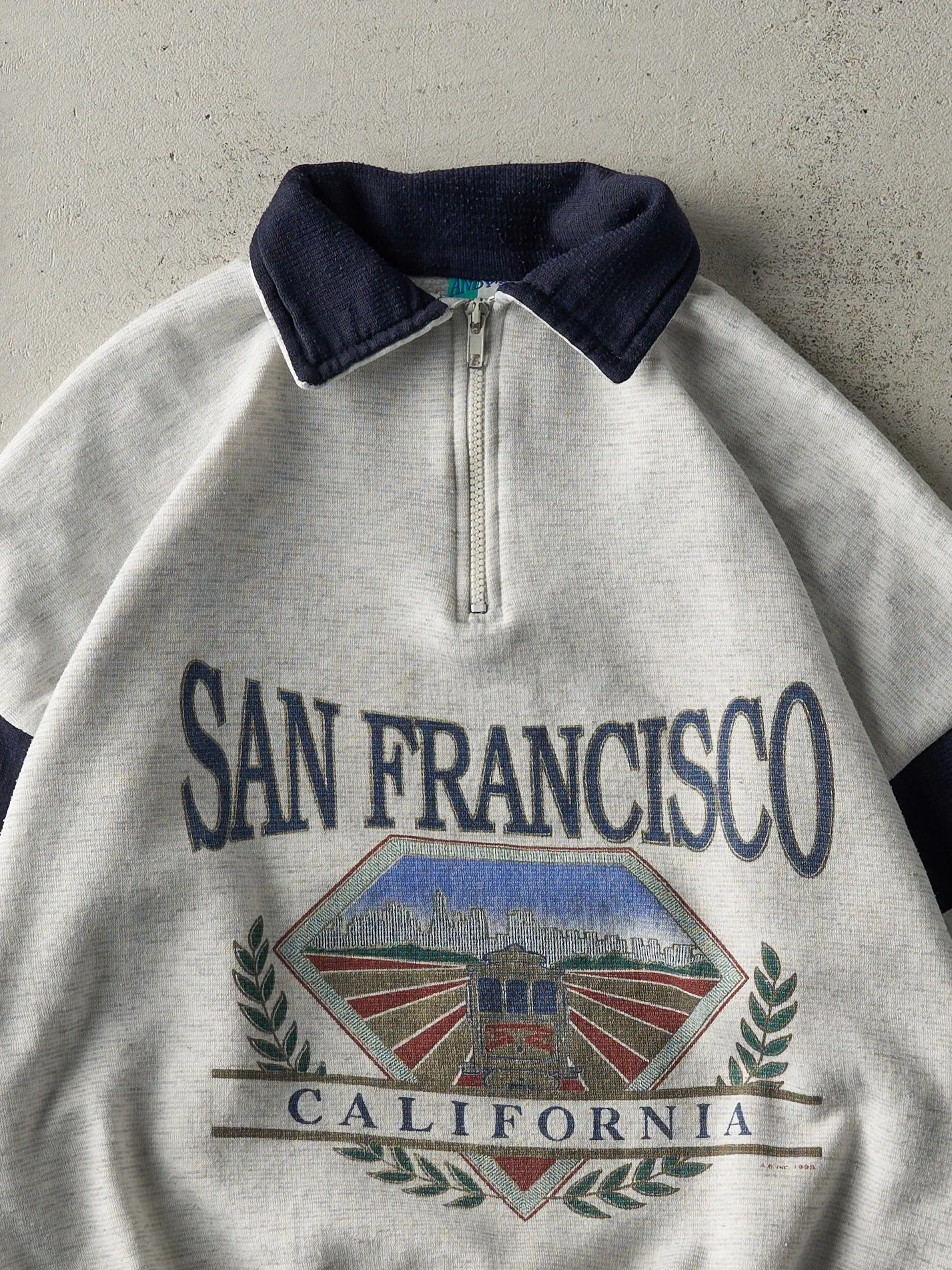 Vintage 95' Heather Grey & Navy San Francisco Boxy Quarter Zip Sweatshirt (M) sold by Rebalance Vintage product image thumbnail 2