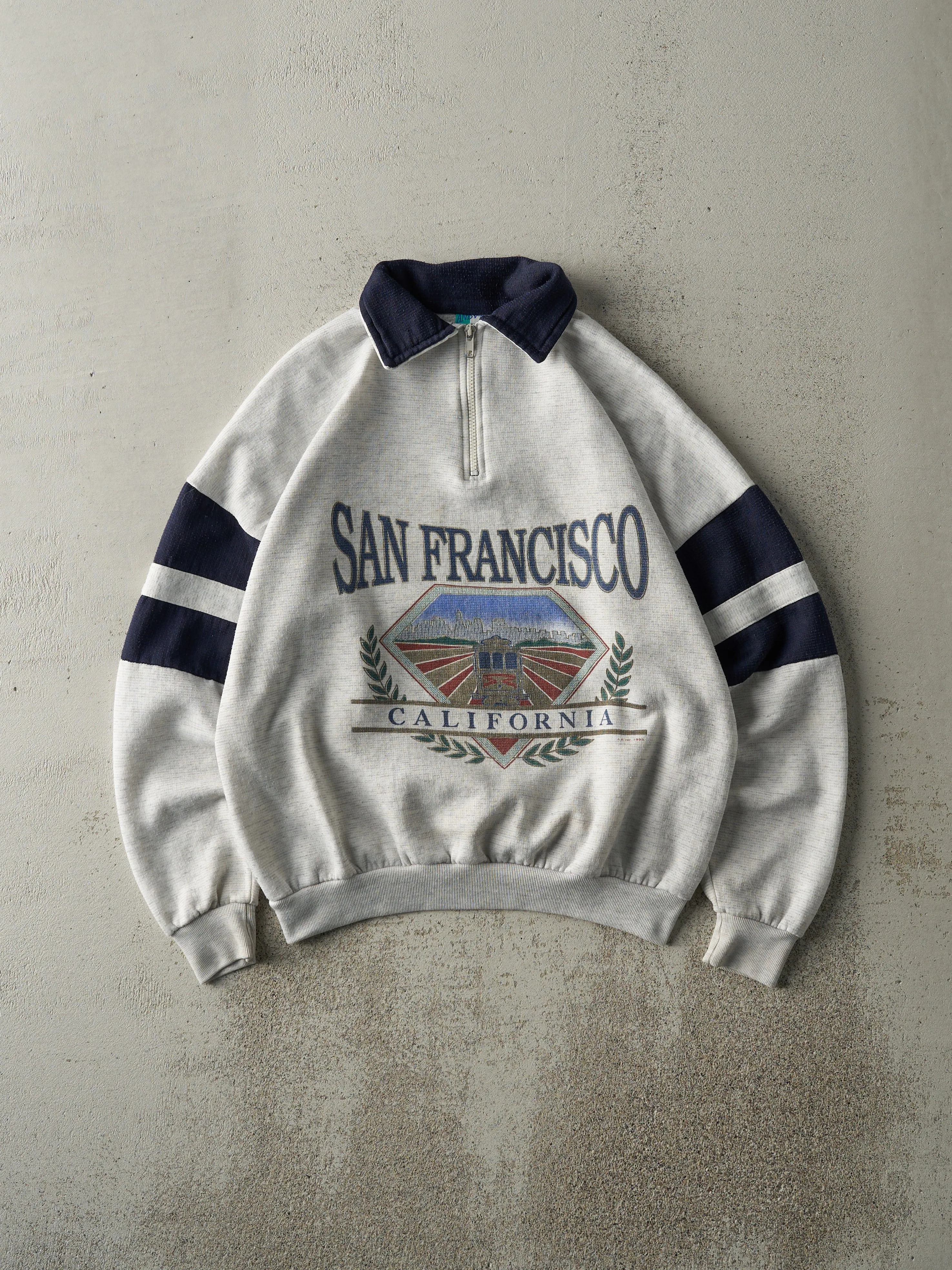 Vintage 95' Heather Grey & Navy San Francisco Boxy Quarter Zip Sweatshirt (M) sold by Rebalance Vintage
