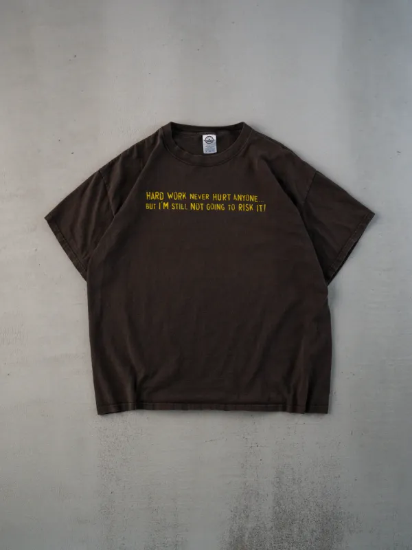 Vintage Y2K Brown "Hard work never hurt anyone" Tee (L) sold by Rebalance Vintage