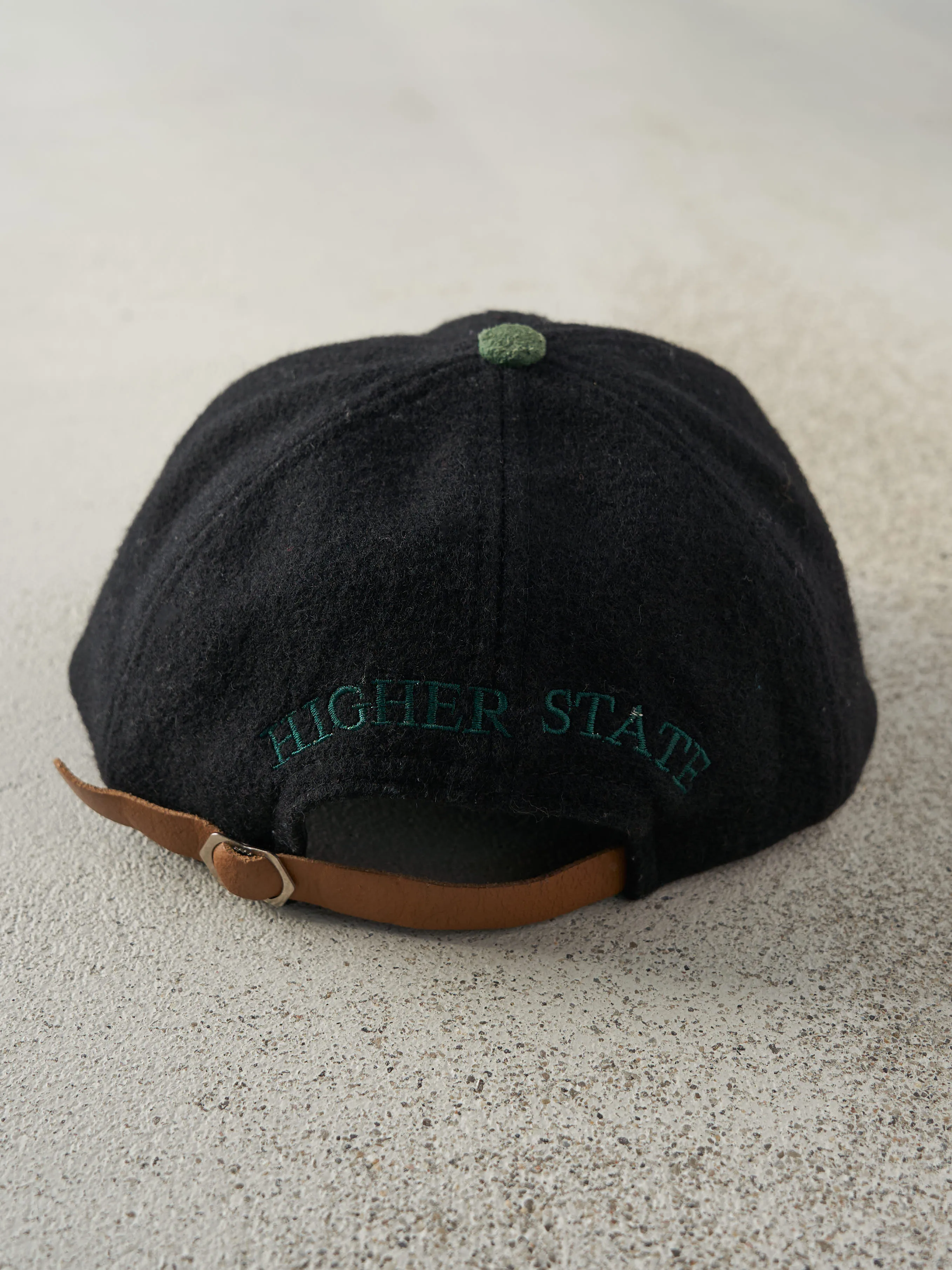 Vintage 90s Black & Green Embroidered Higher State Wool & Suede Leather Strap Back Hat sold by Rebalance Vintage product image thumbnail 3