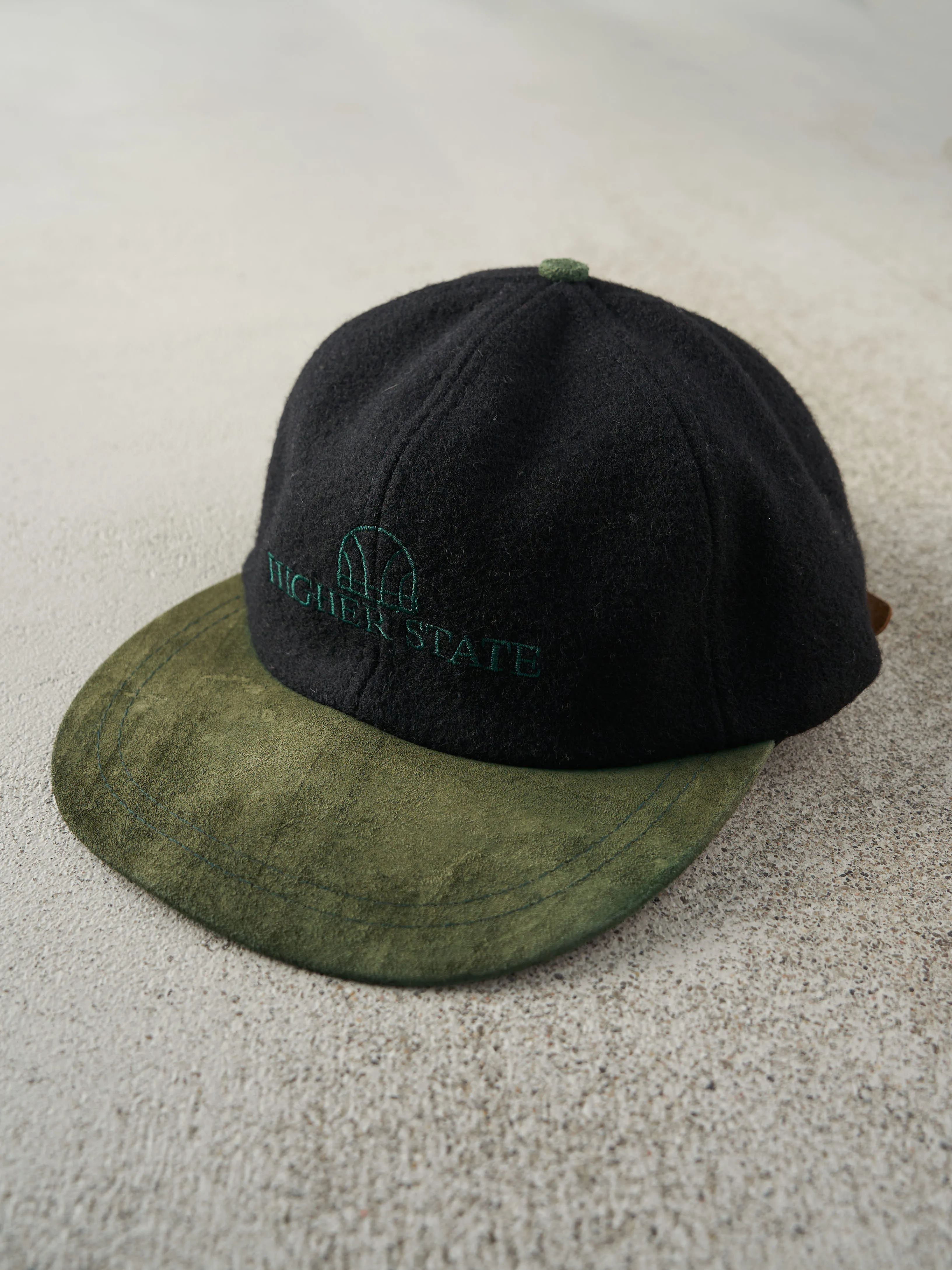 Vintage 90s Black & Green Embroidered Higher State Wool & Suede Leather Strap Back Hat sold by Rebalance Vintage product image thumbnail 2