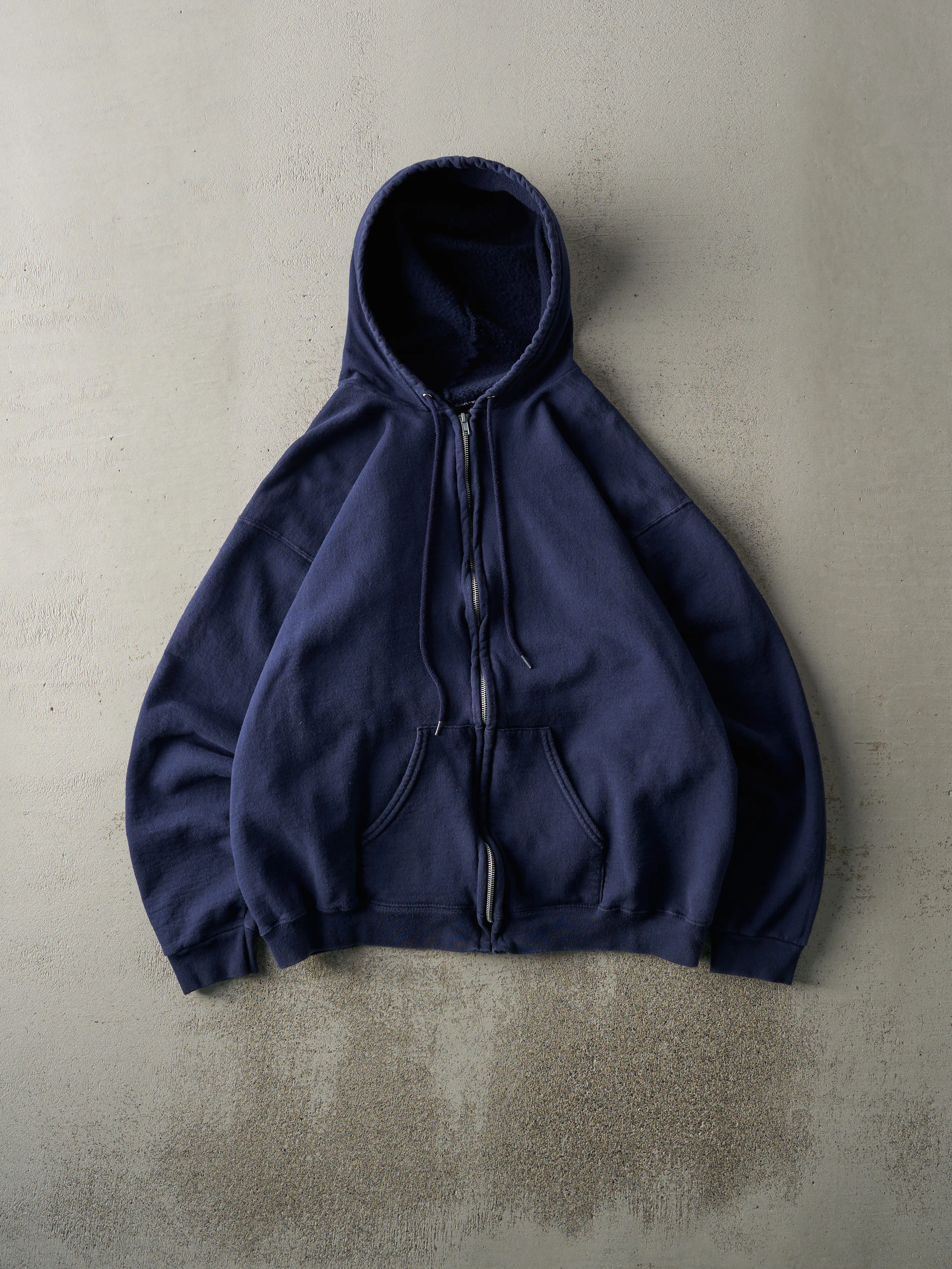 Vintage 90s Navy Blue Blank Boxy Zip Up Hoodie (L) sold by Rebalance Vintage