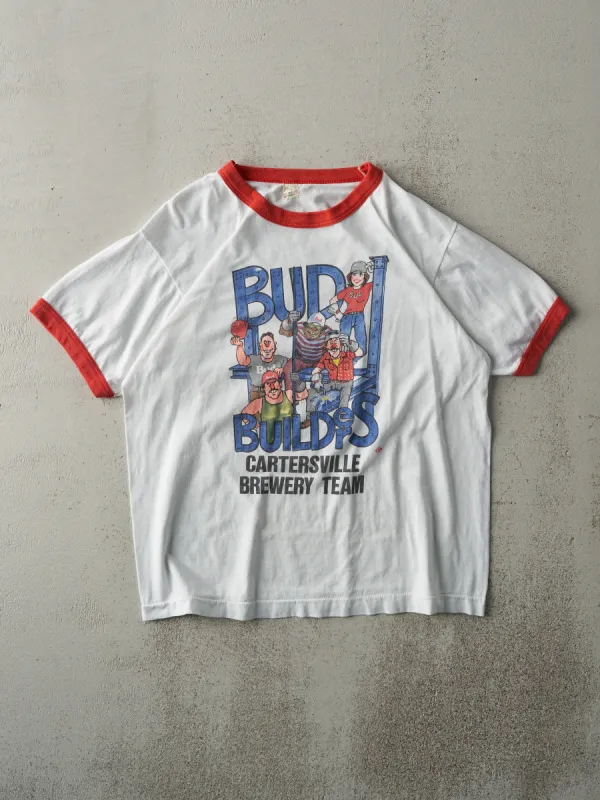 Vintage 80s White "Bud Builders" Ringer Tee (M) sold by Rebalance Vintage