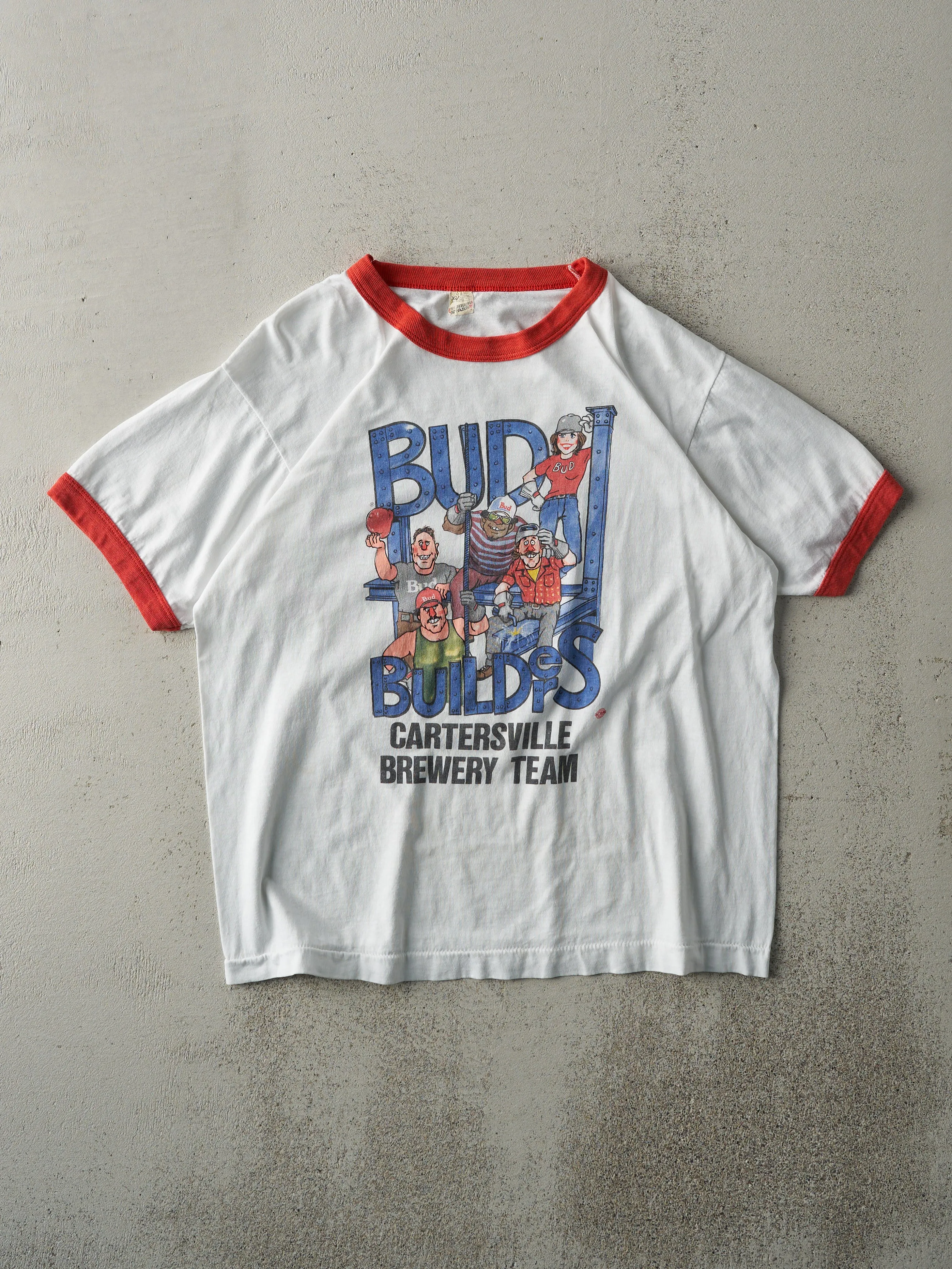 Vintage 80s White "Bud Builders" Ringer Tee (M) sold by Rebalance Vintage