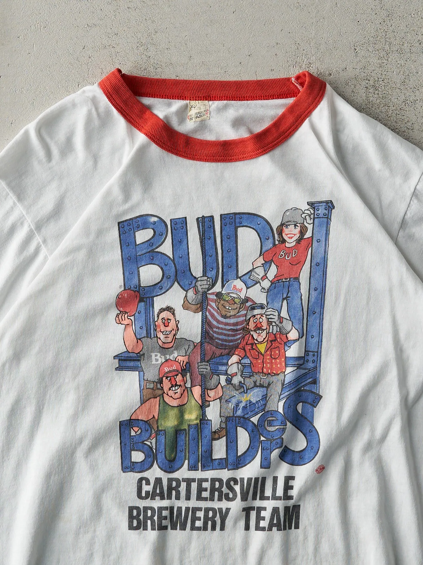 Vintage 80s White "Bud Builders" Ringer Tee (M) sold by Rebalance Vintage product image thumbnail 2