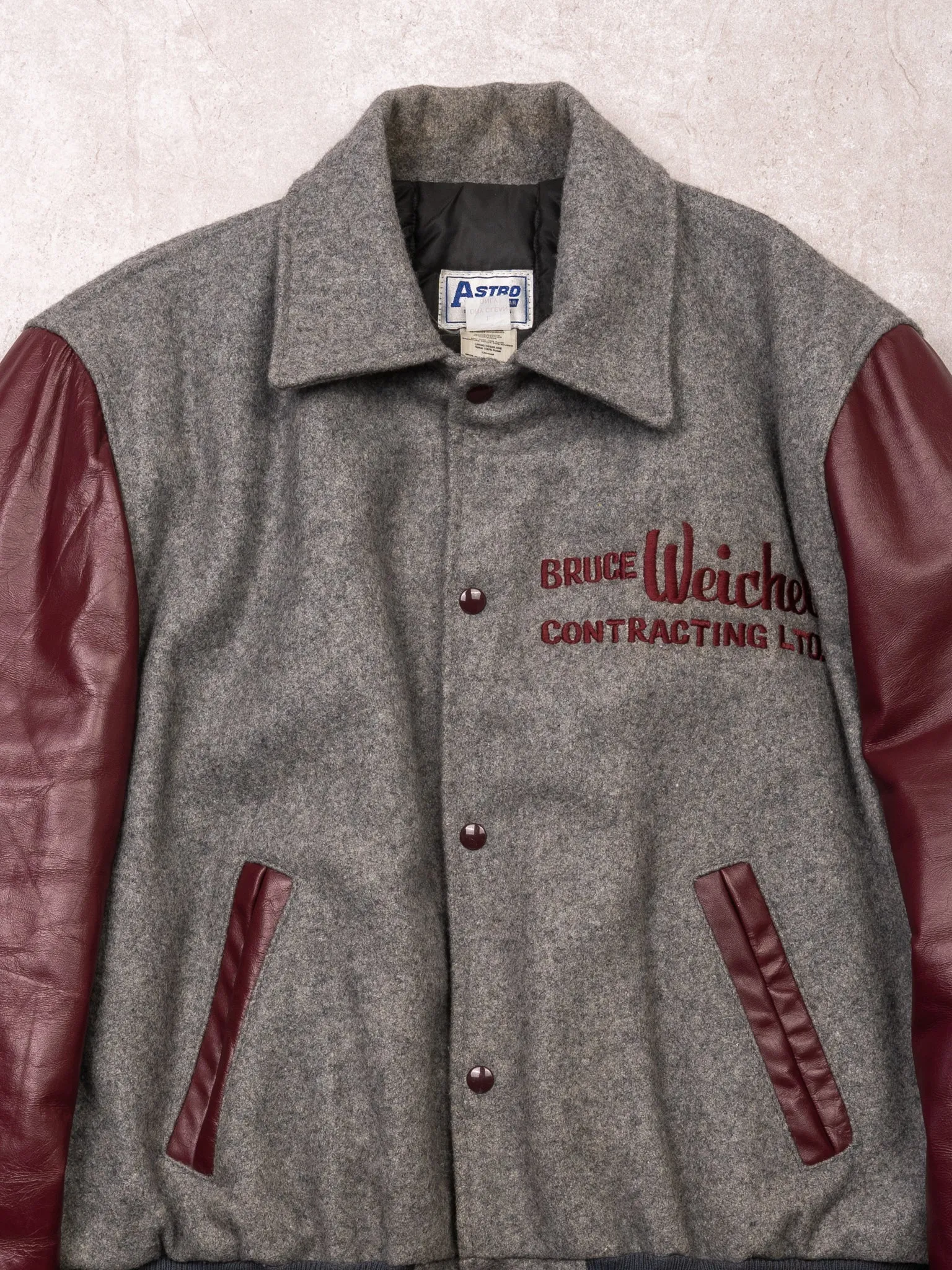 Vintage 80s Grey + Maroon Bruce Weichel Leather Varsity Jacket (L) sold by Rebalance Vintage product image thumbnail 2