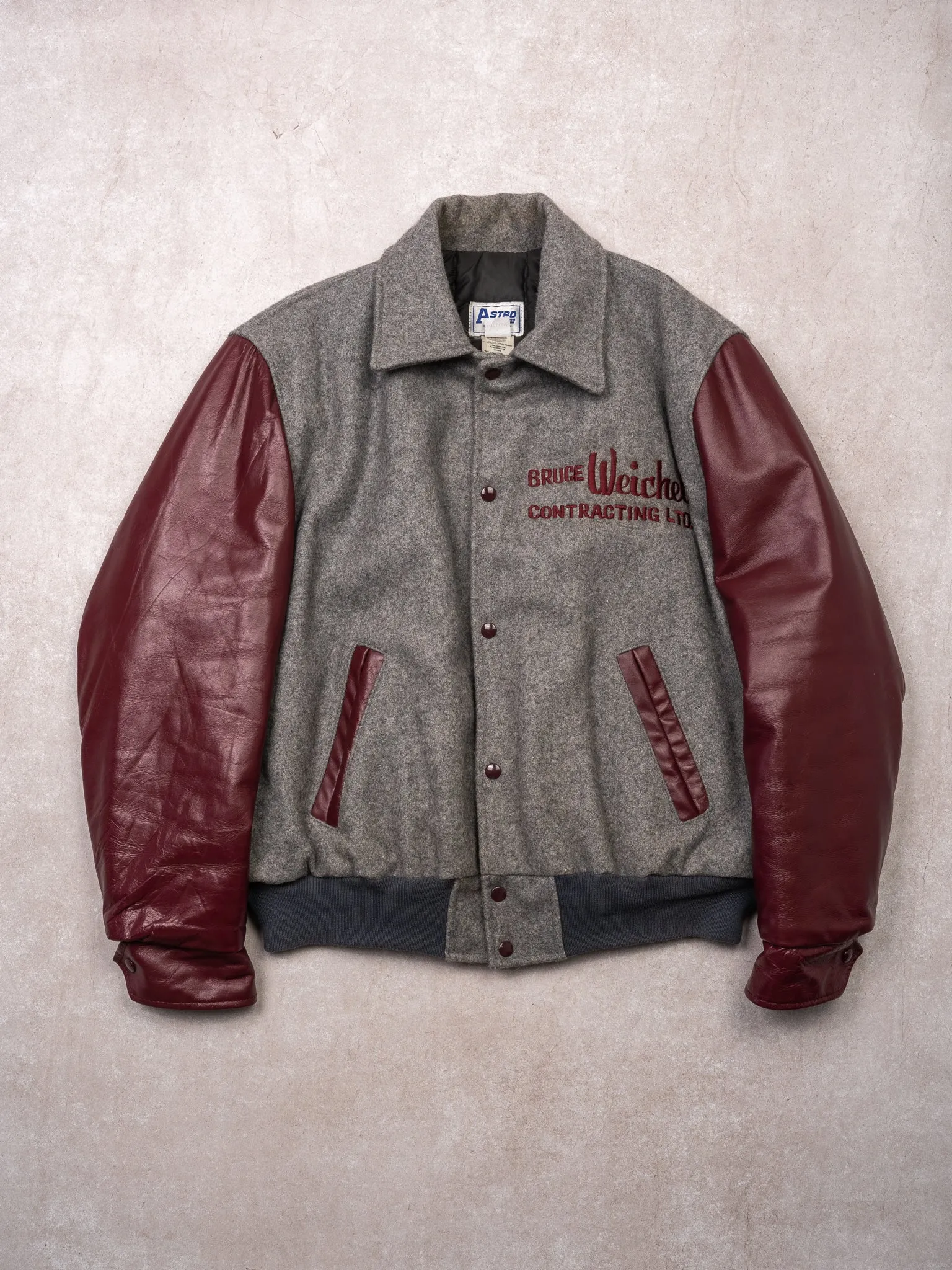 Vintage 80s Grey + Maroon Bruce Weichel Leather Varsity Jacket (L) sold by Rebalance Vintage