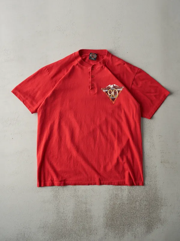 Vintage 93' Red Madison Wisconsin Harley Davidson Quarter Button Single Stitch Tee (L) no sold by Rebalance Vintage