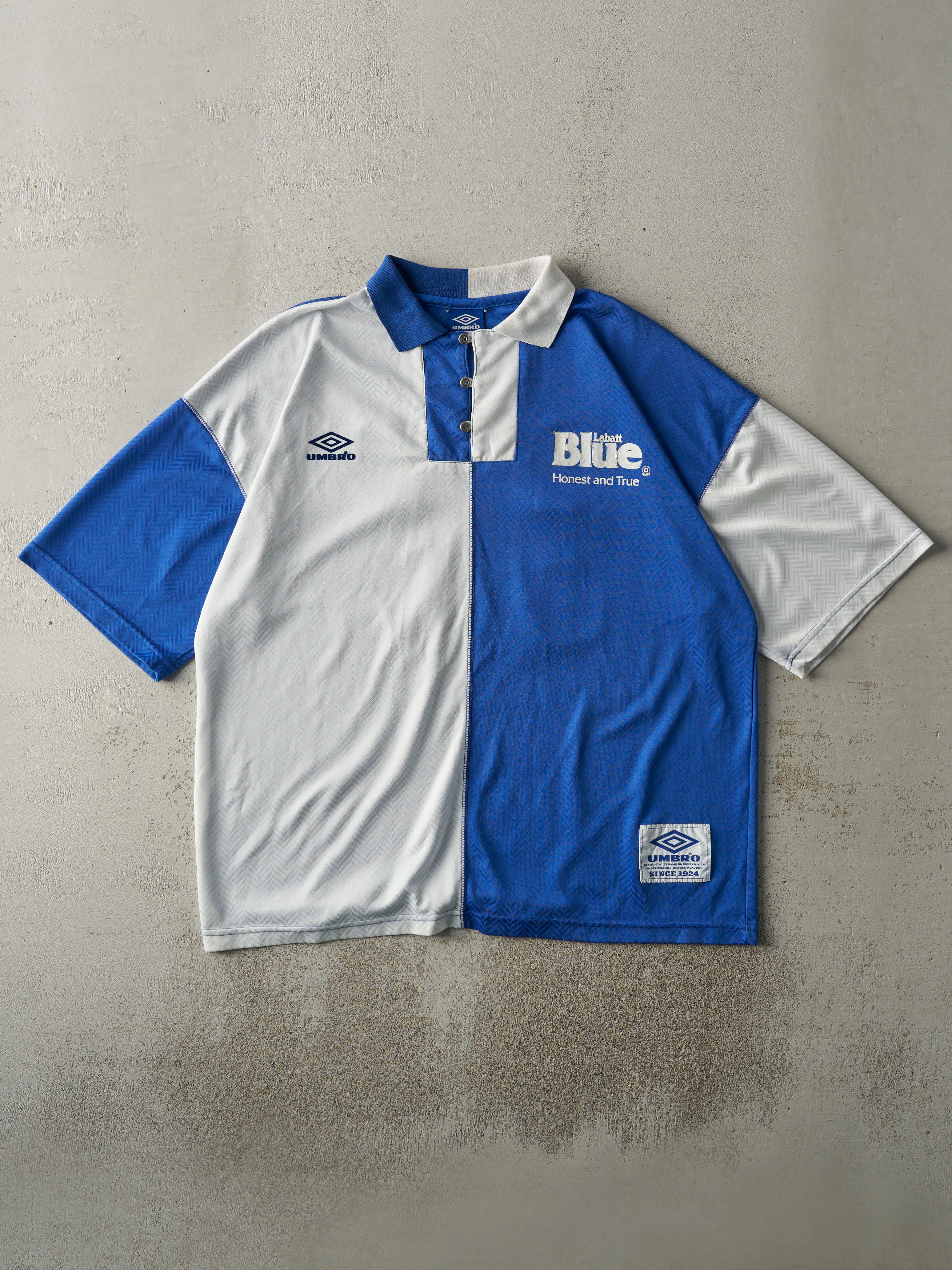 Vintage 90s White & Blue Umbro #17 Labatt Blue Soccer Jersey (XL) sold by Rebalance Vintage