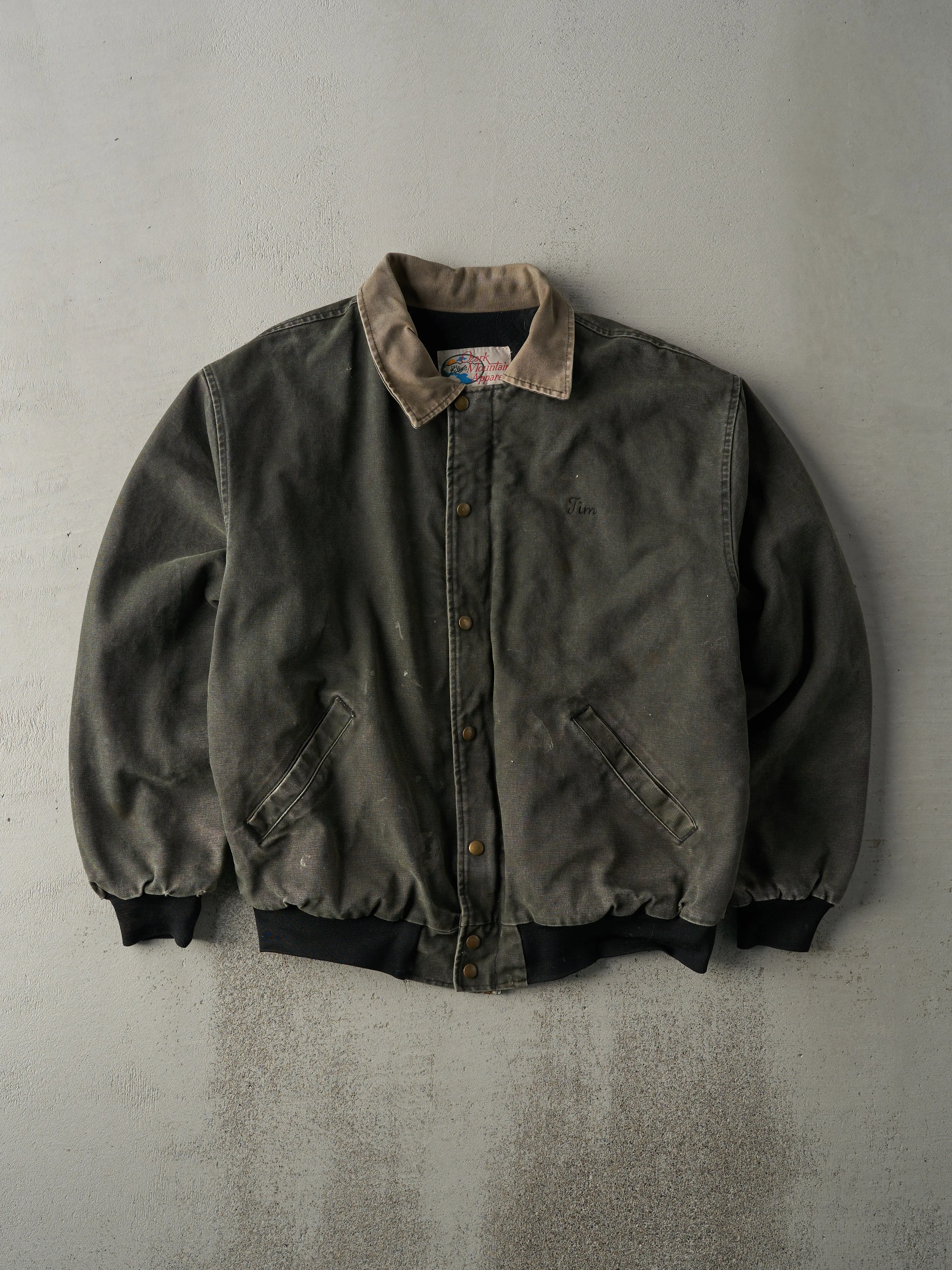 Vintage 90s Washed Green Embroidered "Jim" Collared Work Jacket (L/XL) sold by Rebalance Vintage