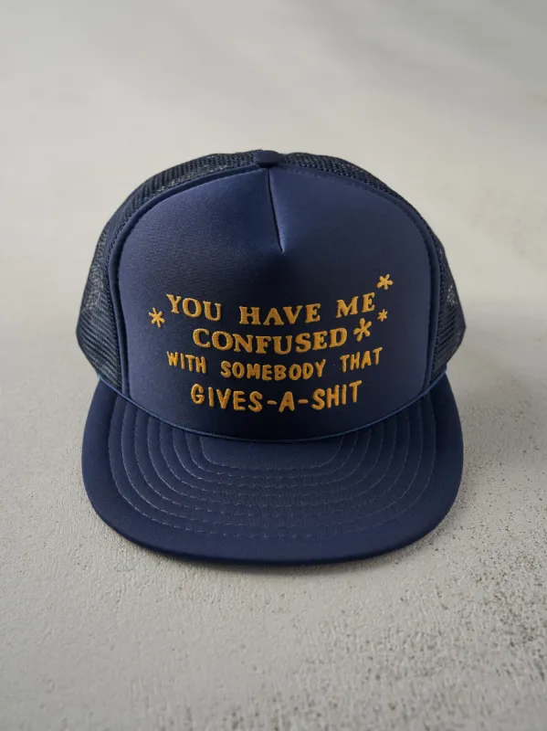 Vintage 90s Navy "You Have Me Confused" Foam Trucker Hat sold by Rebalance Vintage
