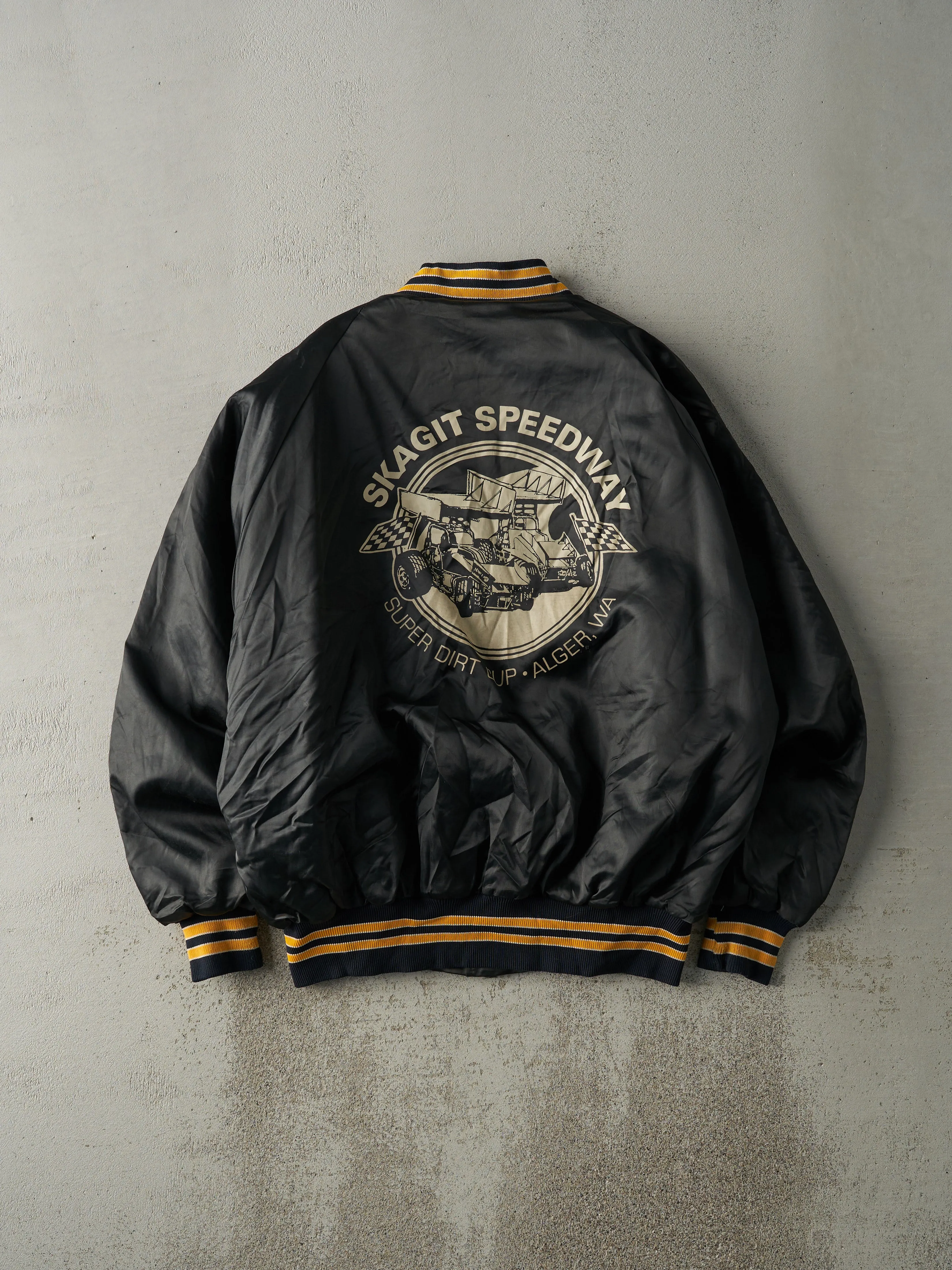 Vintage 70s Black Skagit Speedway Satin Bomber Jacket (L) sold by Rebalance Vintage