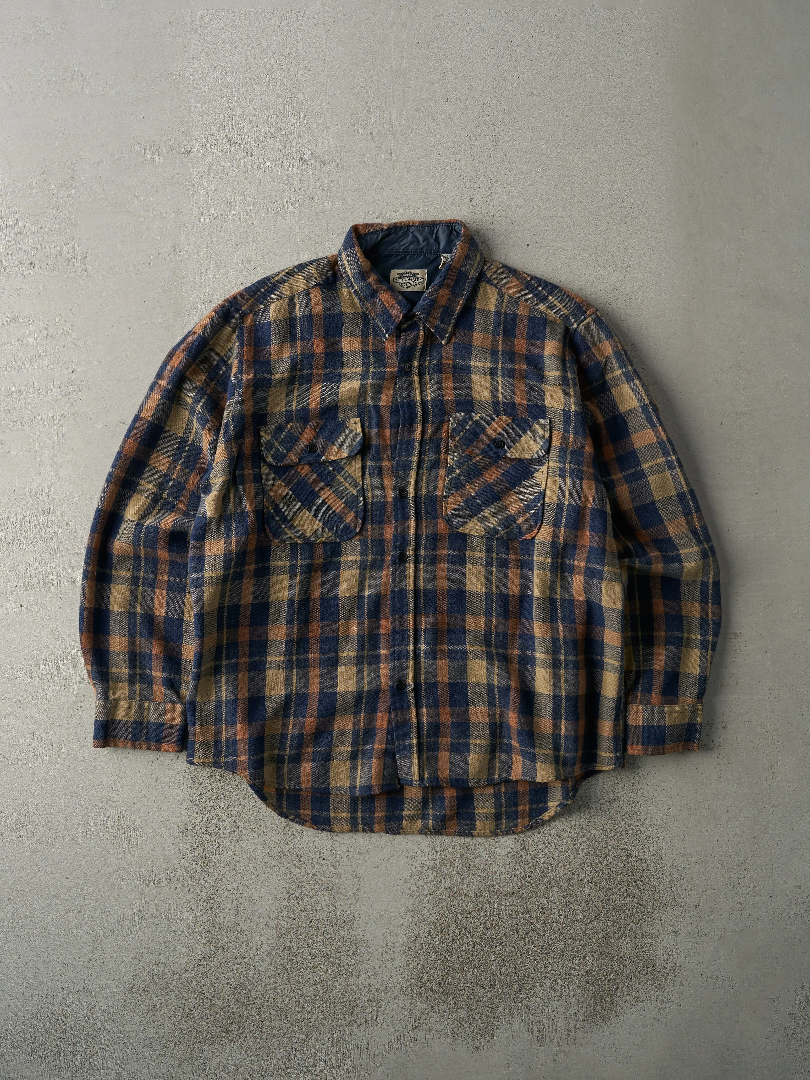 Vintage 80s Beige & Blue Flannel Button Up (L) sold by Rebalance Vintage