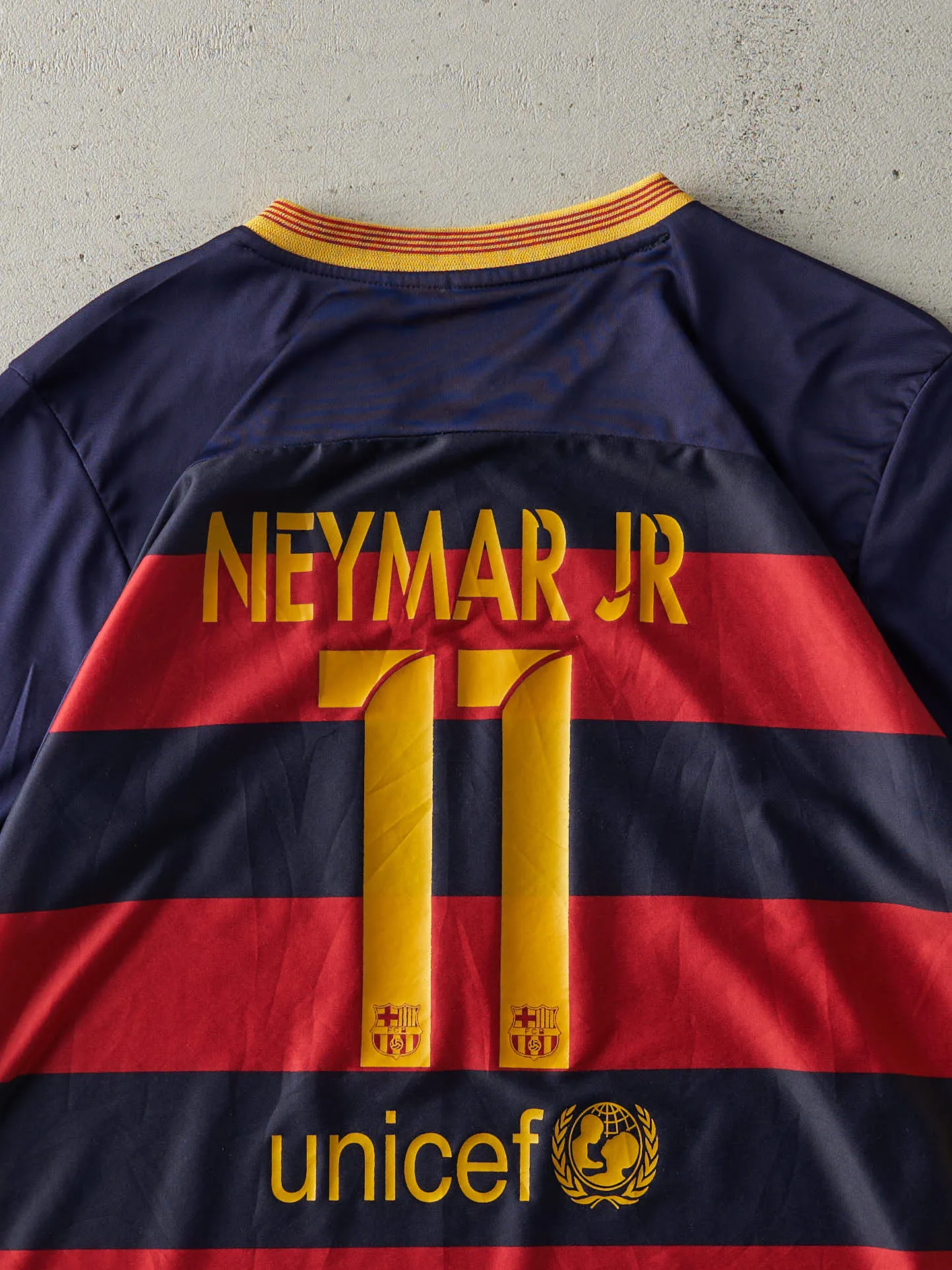 Vintage Y2K Navy Blue, Red & Yellow FCB Neymar Jr Soccer Jersey (M) sold by Rebalance Vintage product image thumbnail 5
