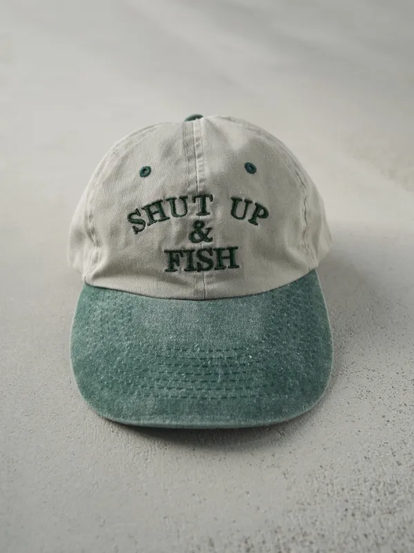 Vintage 90s Khaki and Green "Shut Up & Fish" Embroidered Velcro Back Hat sold by Rebalance Vintage