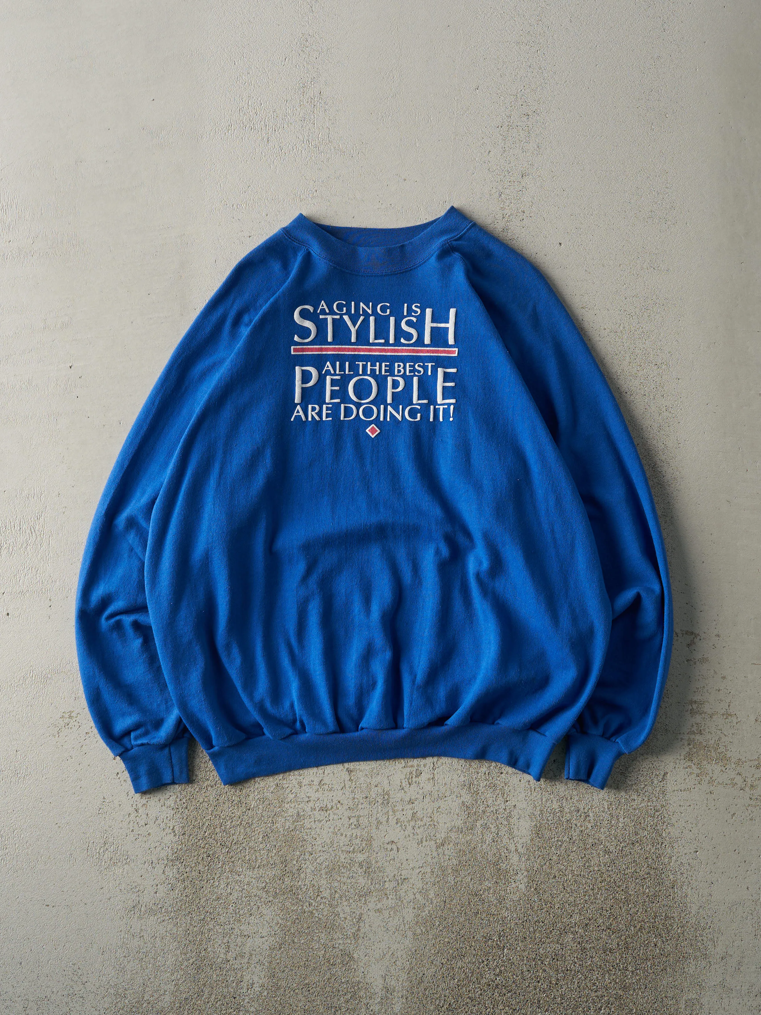 Vintage 80s Blue "Aging is Stylish" Slogan Crewneck (L) sold by Rebalance Vintage