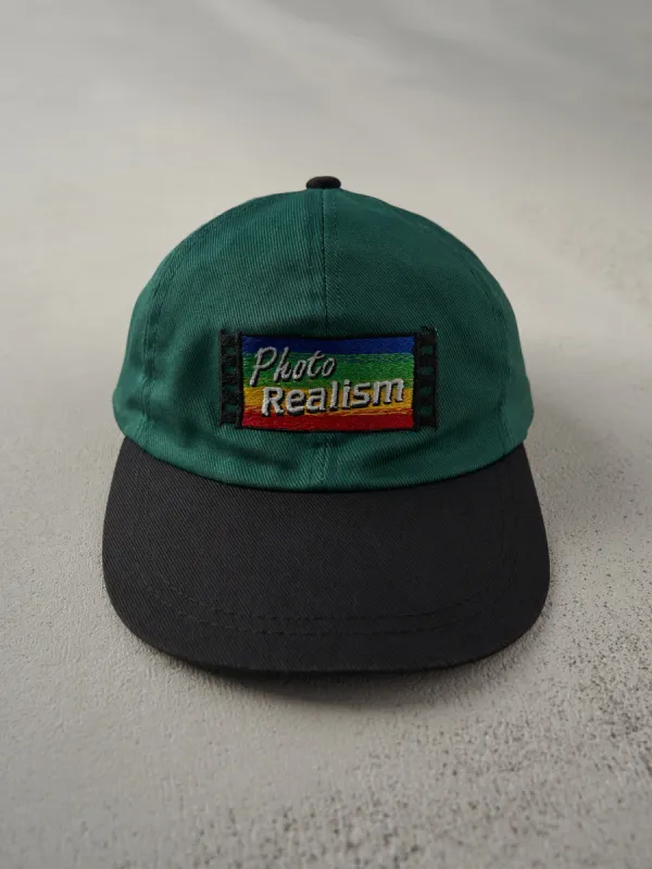 Vintage 90s Forest Green Canon Photo Realism Embroidered Leather Strap Back Hat sold by Rebalance Vintage
