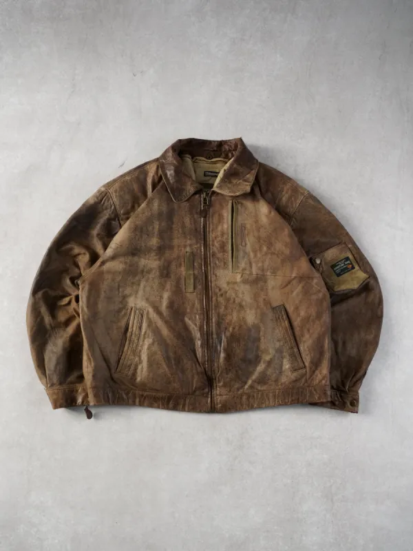 Vintage 90s Brown Adventure Bound Collared Leather Jacket (L) sold by Rebalance Vintage