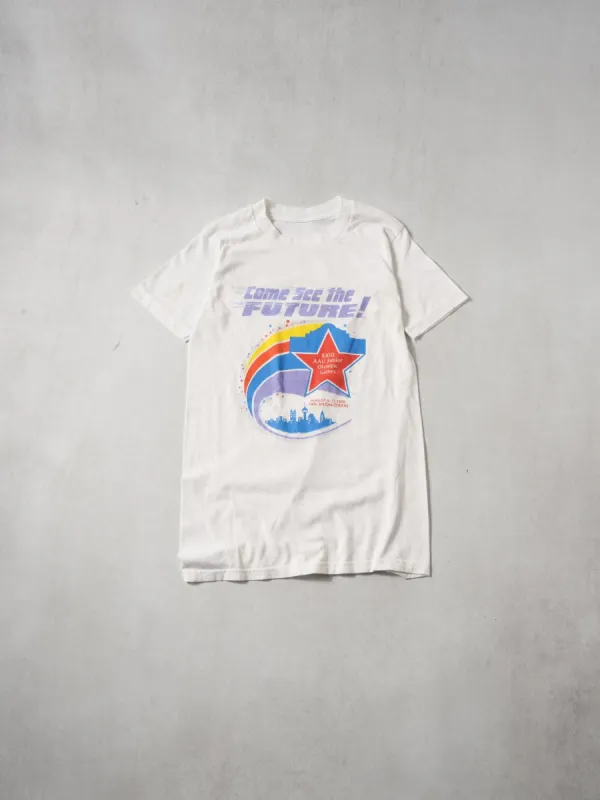 Vintage 98' White "Come See The Future" Singled Stitched Graphic Tee (XS) sold by Rebalance Vintage