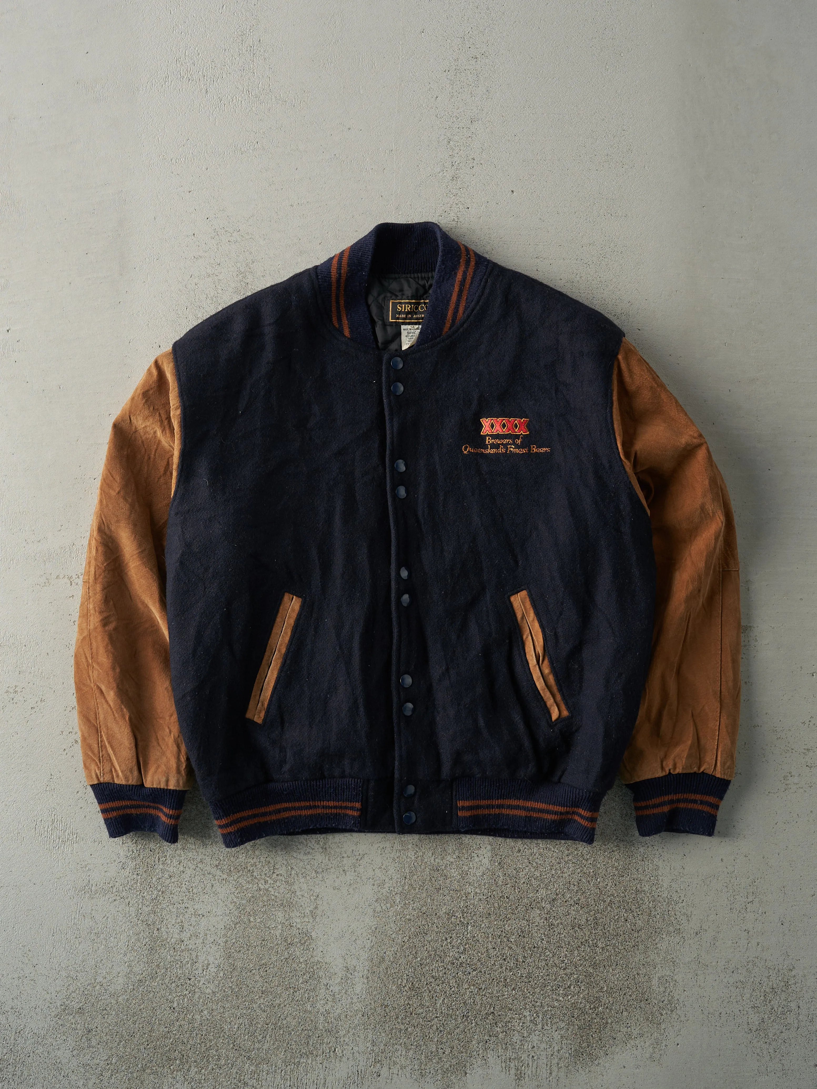 Vintage 80s Navy Blue XXXX Beer Wool Varsity Jacket (L) sold by Rebalance Vintage