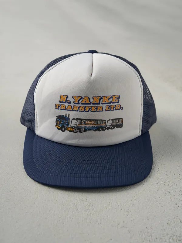 Vintage 80s Navy Blue and White N. Yanke Transfer Foam Trucker Hat sold by Rebalance Vintage