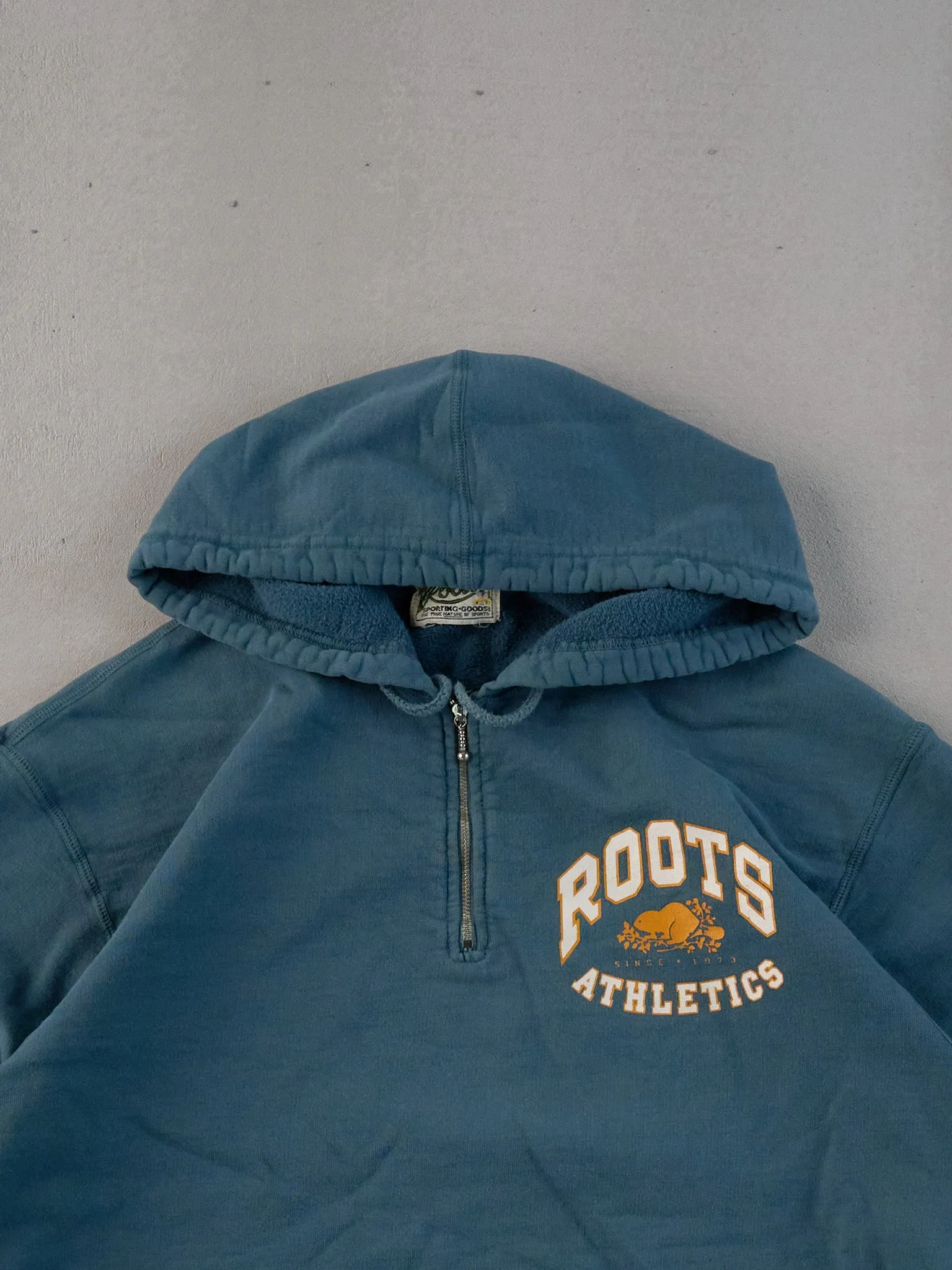 Vintage 90s Rare Faded Pine Green Roots Athletics Hooded 1/4 Zip (M) sold by Rebalance Vintage product image thumbnail 2