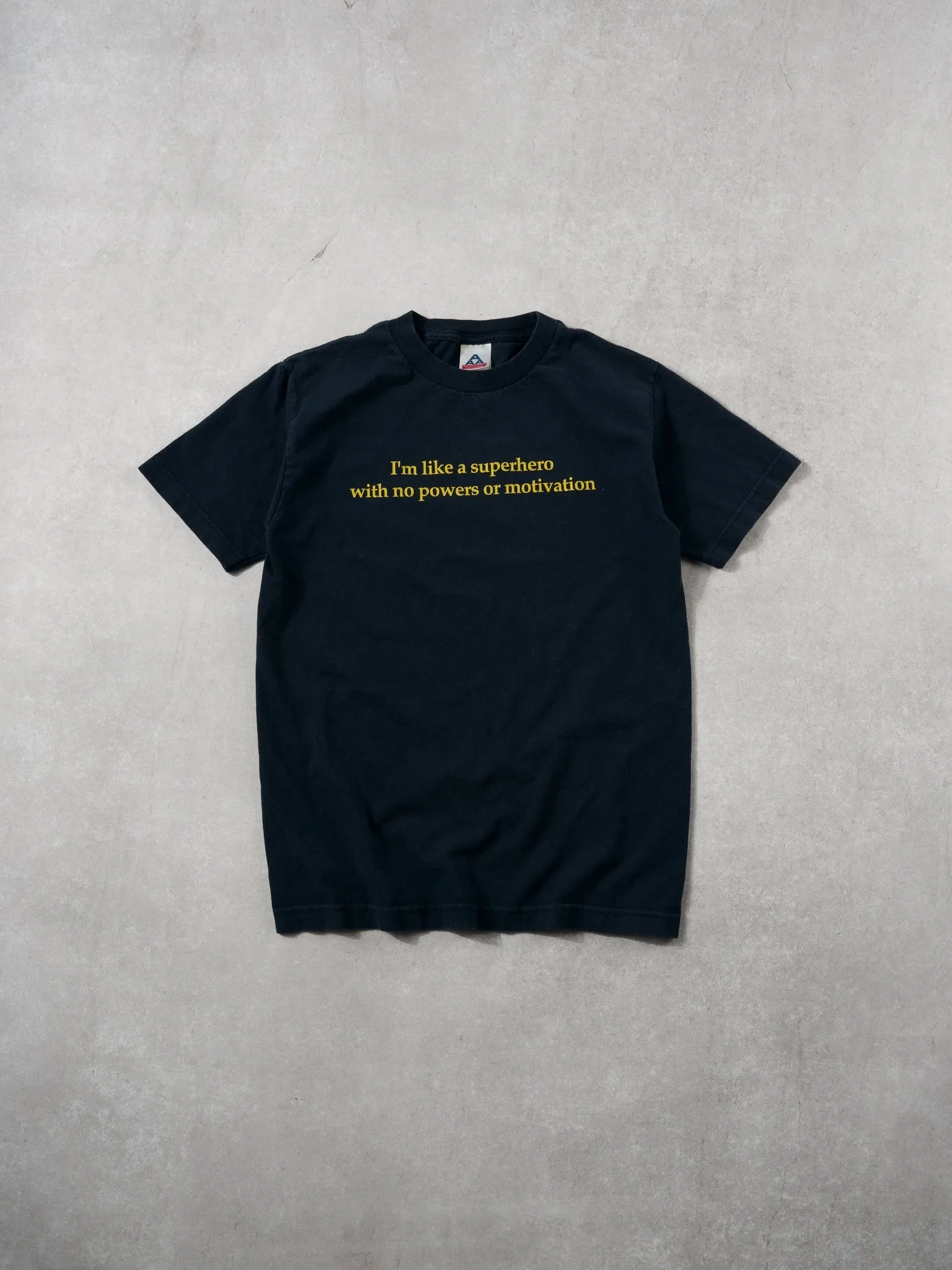 Vintage Navy "I'm like a superhero with no power or motivation" Tee (S) sold by Rebalance Vintage