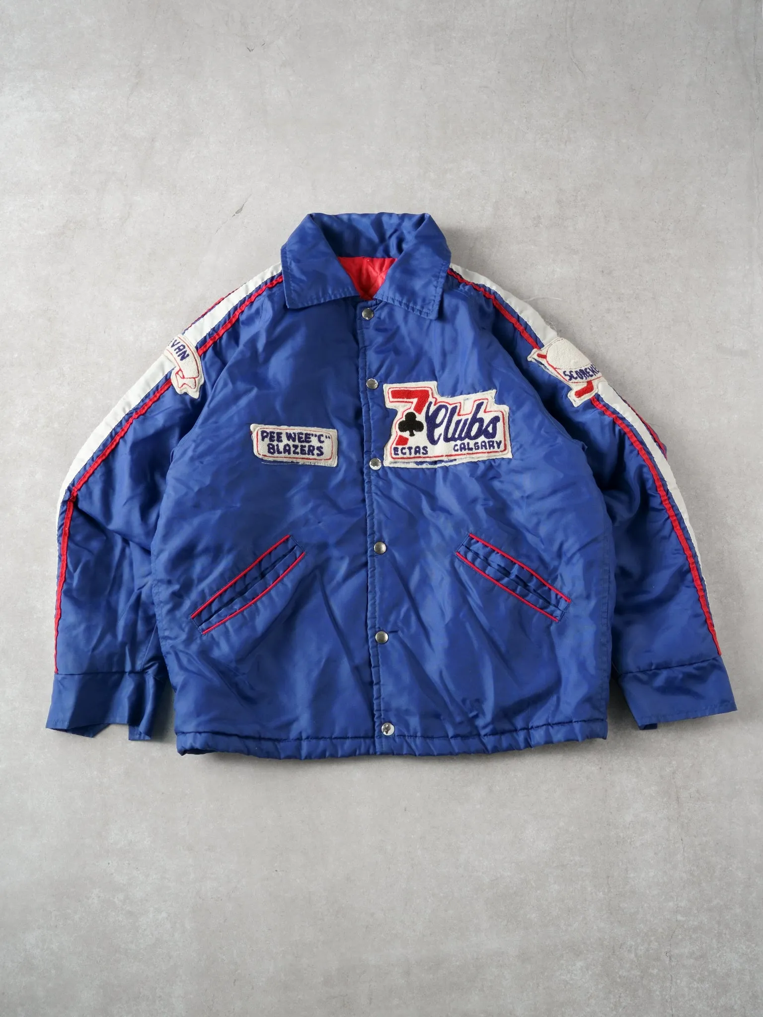 Vintage 90s Navy Blue 7 Club Peewee "C" Blazer Collared Bomber Jacket (L) sold by Rebalance Vintage