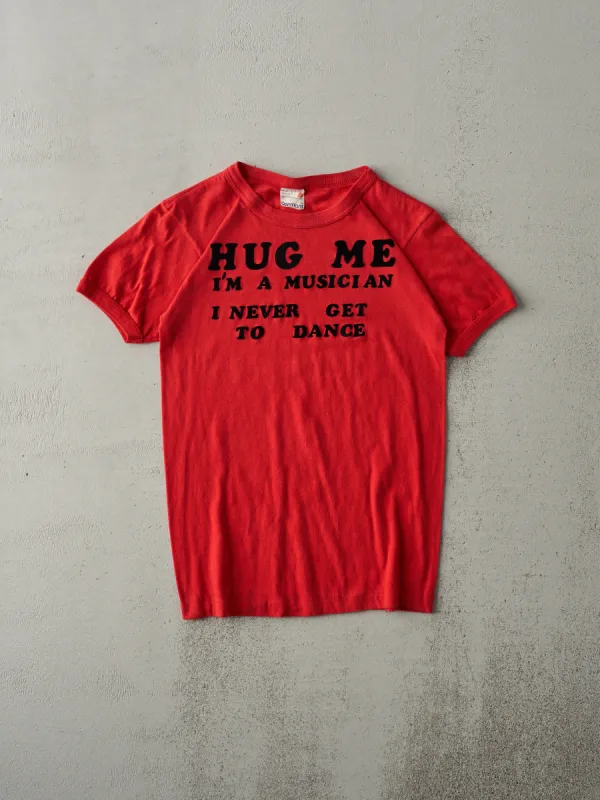 Vintage 80s Red "Hug Me" Ringer Tee (XS) sold by Rebalance Vintage