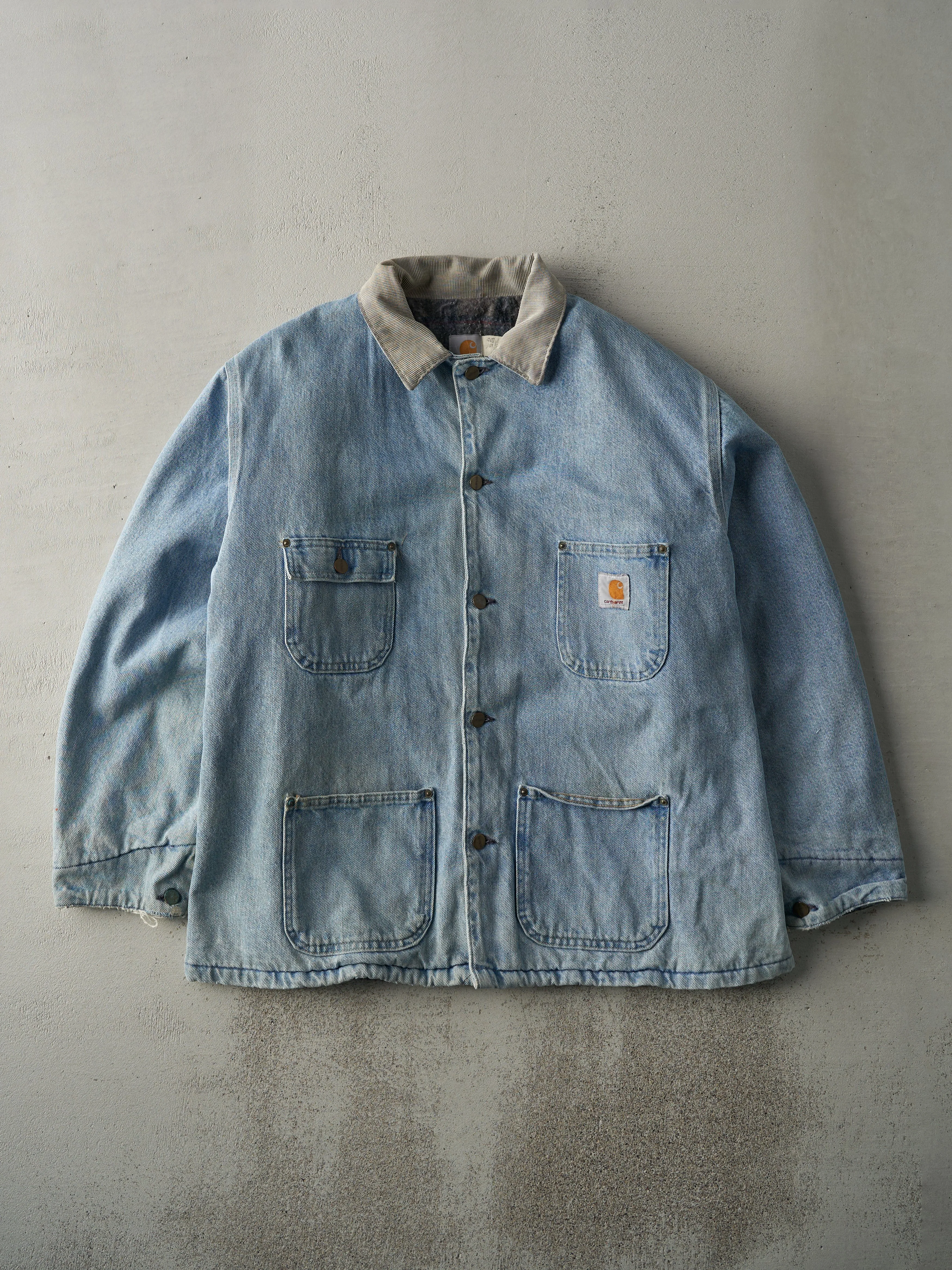 Vintage 90s Light Wash Carhartt Blanket Lined Denim Chore Jacket (XL) sold by Rebalance Vintage