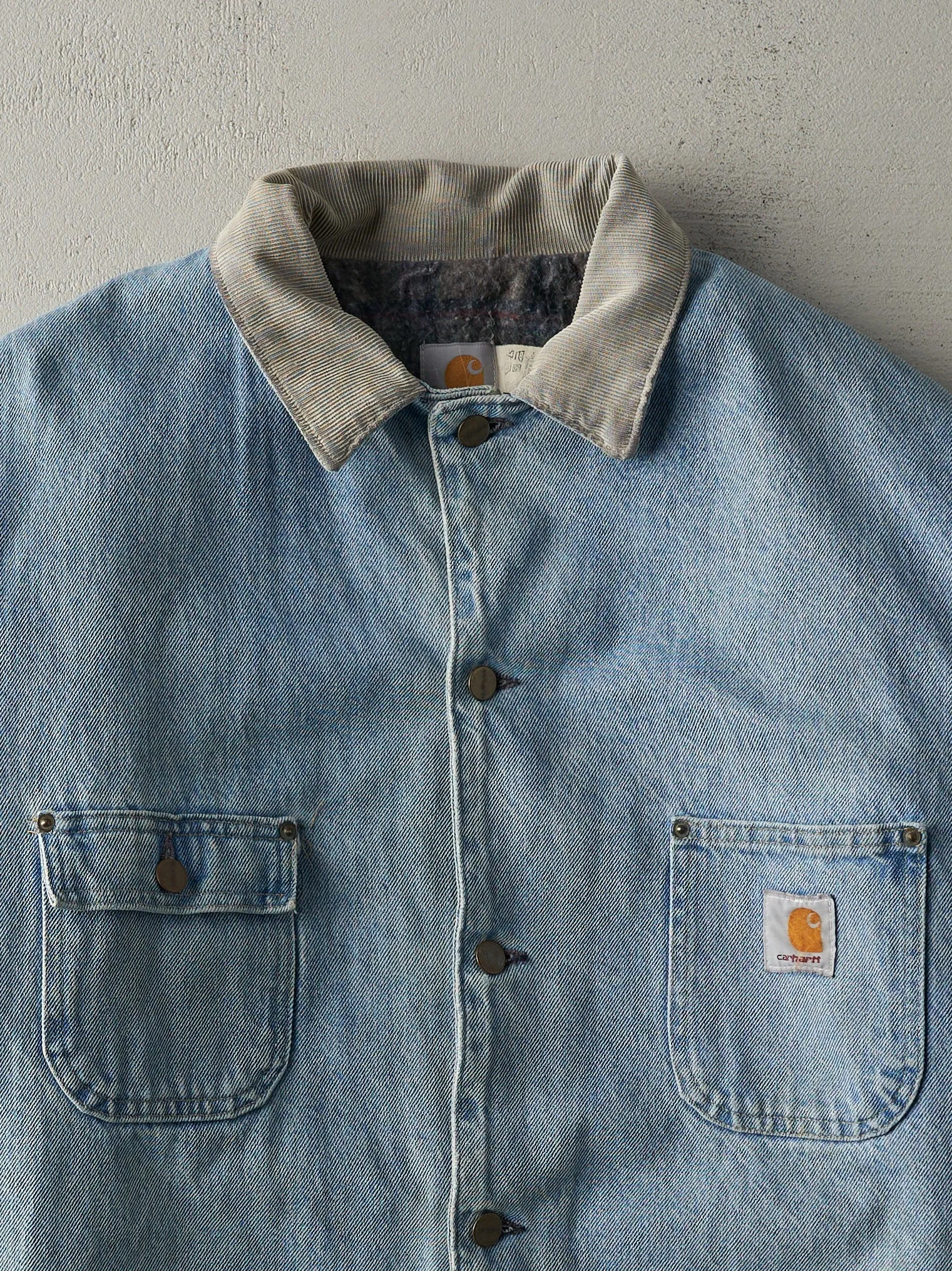 Vintage 90s Light Wash Carhartt Blanket Lined Denim Chore Jacket (XL) sold by Rebalance Vintage product image thumbnail 4