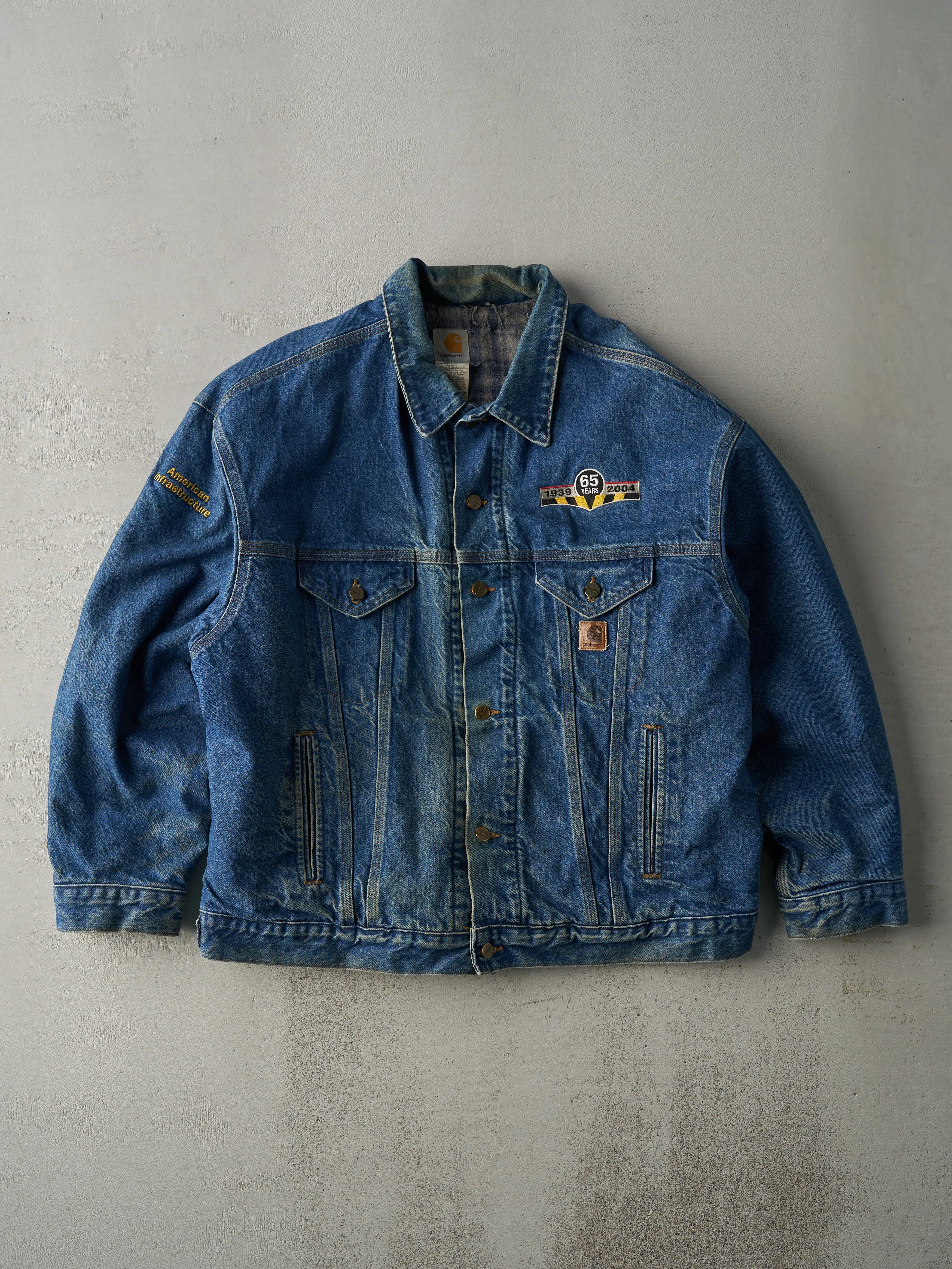Vintage 04' Dark Wash Embroidered Carhartt Blanket Lined Denim Jacket (L/XL) sold by Rebalance Vintage