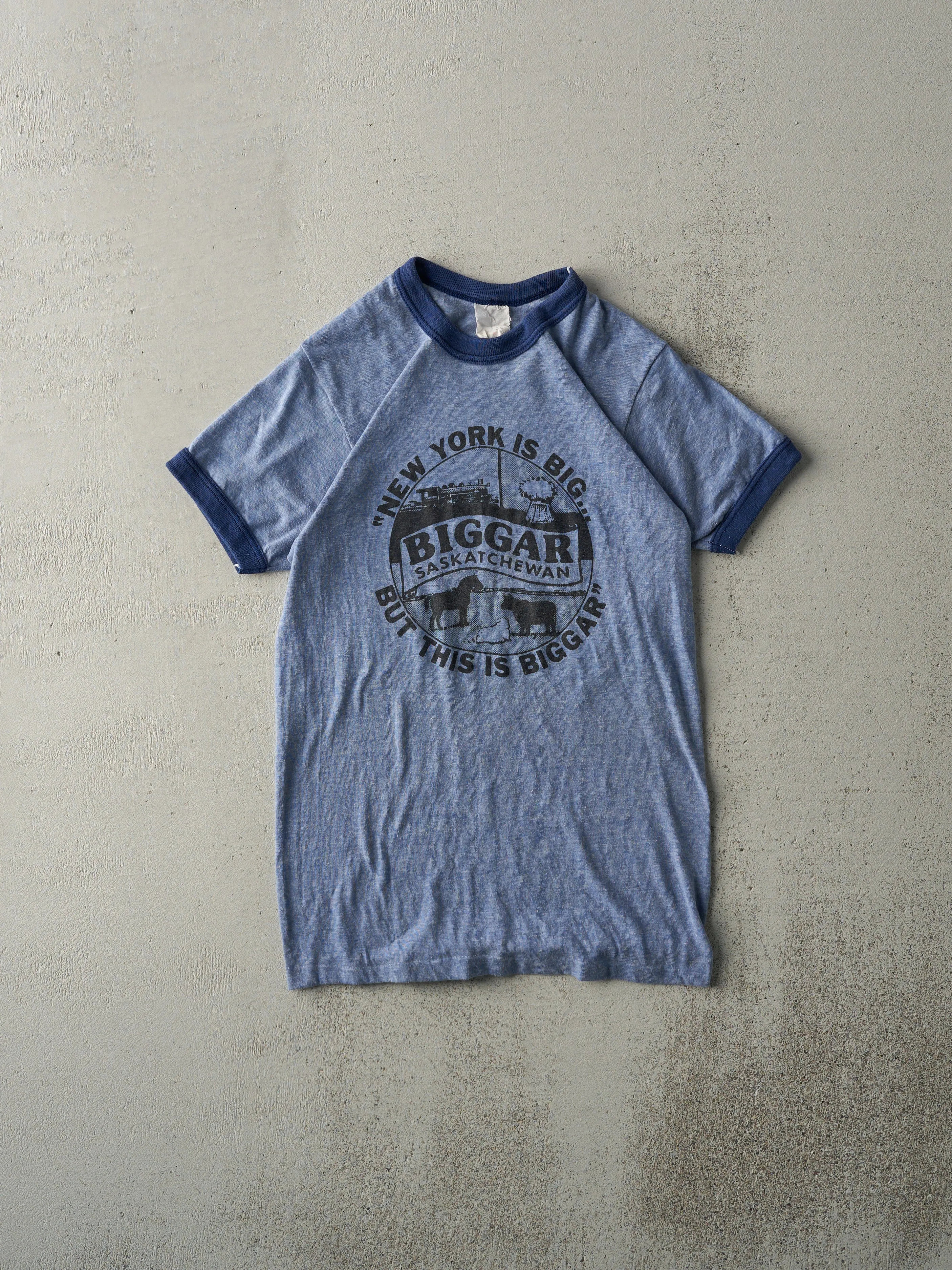 Vintage 80s Blue Biggar Saskatchewan Ringer Tee (XXS) sold by Rebalance Vintage