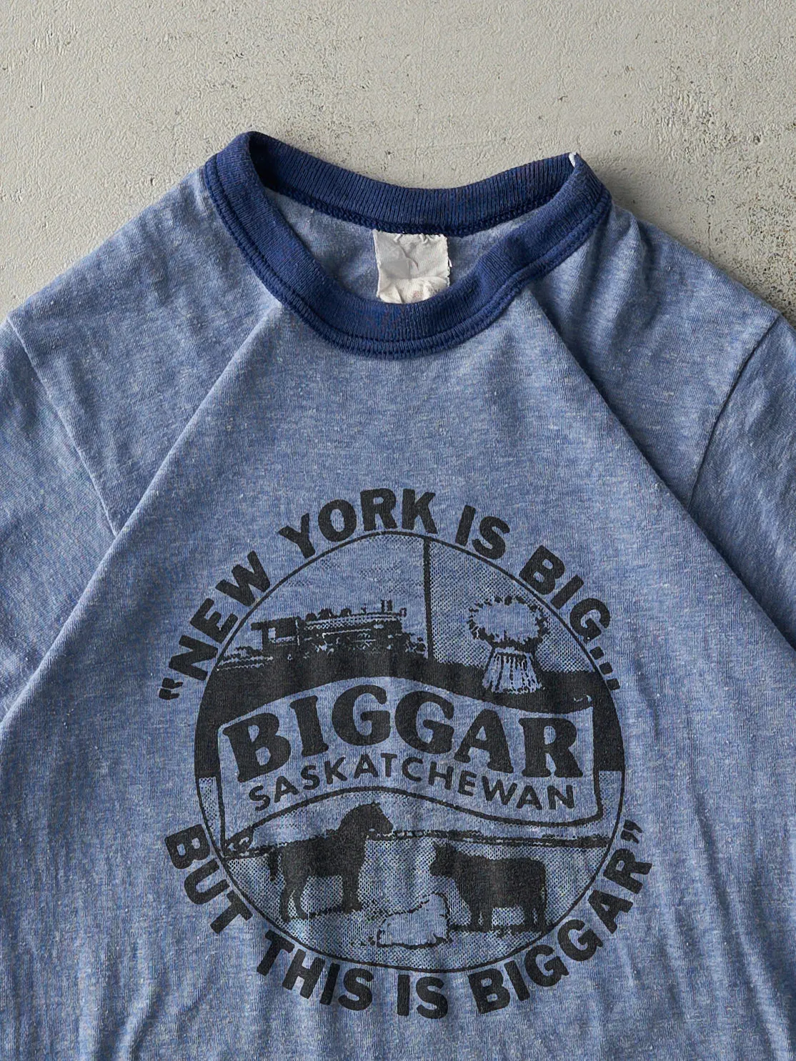 Vintage 80s Blue Biggar Saskatchewan Ringer Tee (XXS) sold by Rebalance Vintage product image thumbnail 2
