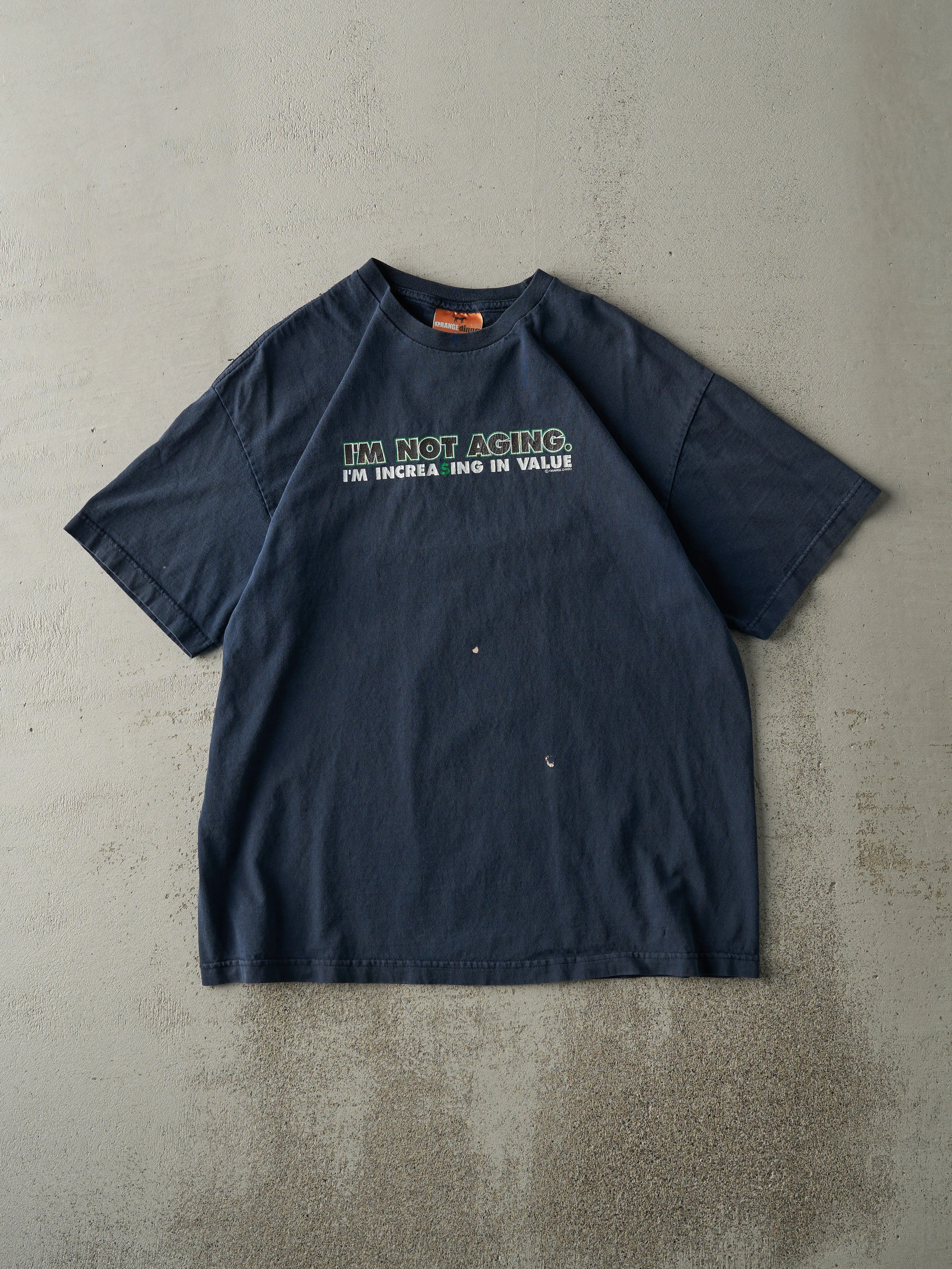 Vintage Y2K Navy Blue "I'm Not Aging. I'm Increasing In Value" Slogan Tee (M) sold by Rebalance Vintage