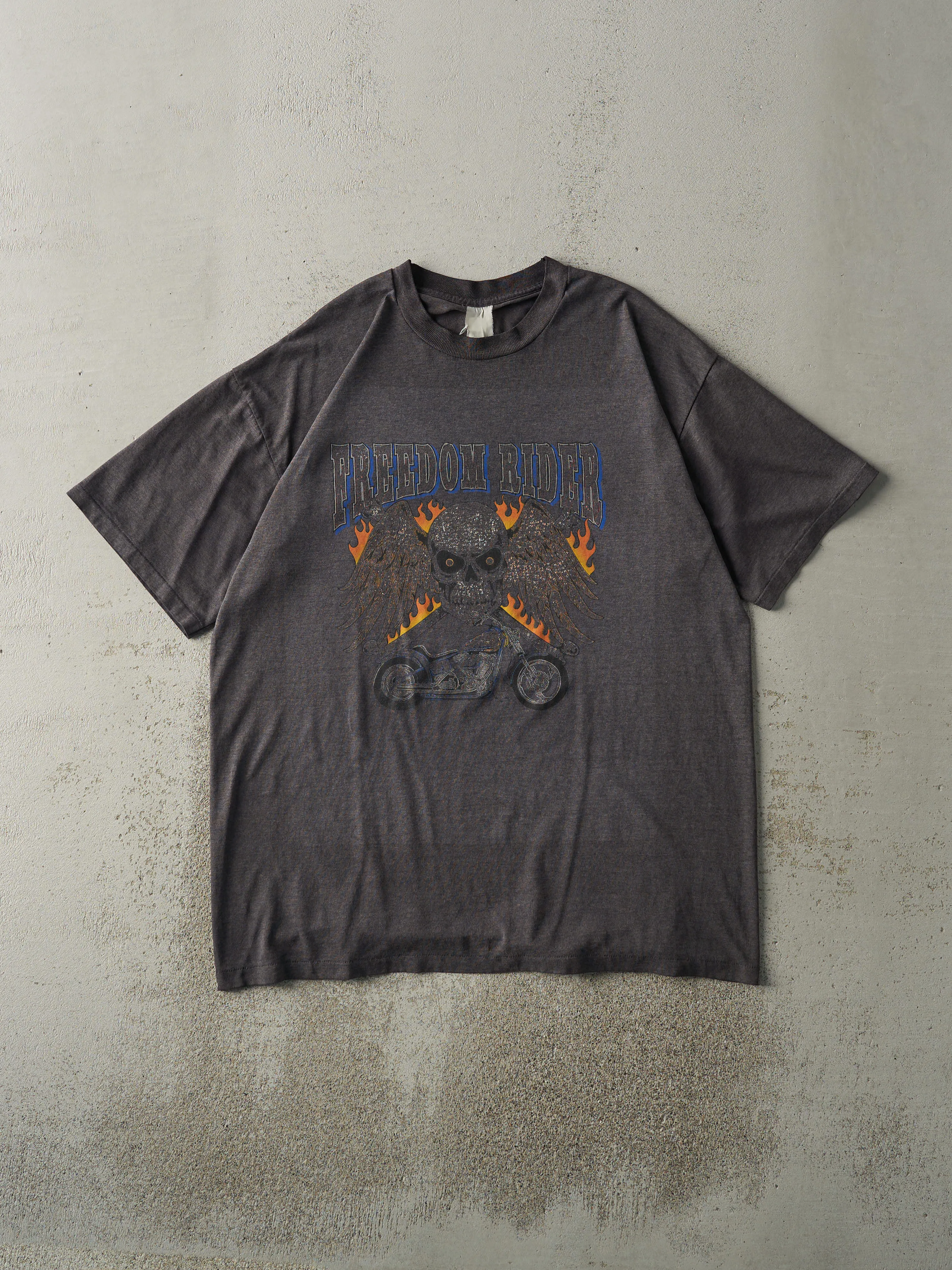 Vintage 90s Charcoal Grey Freedom Rider Single Stitch Tee (XL) sold by Rebalance Vintage