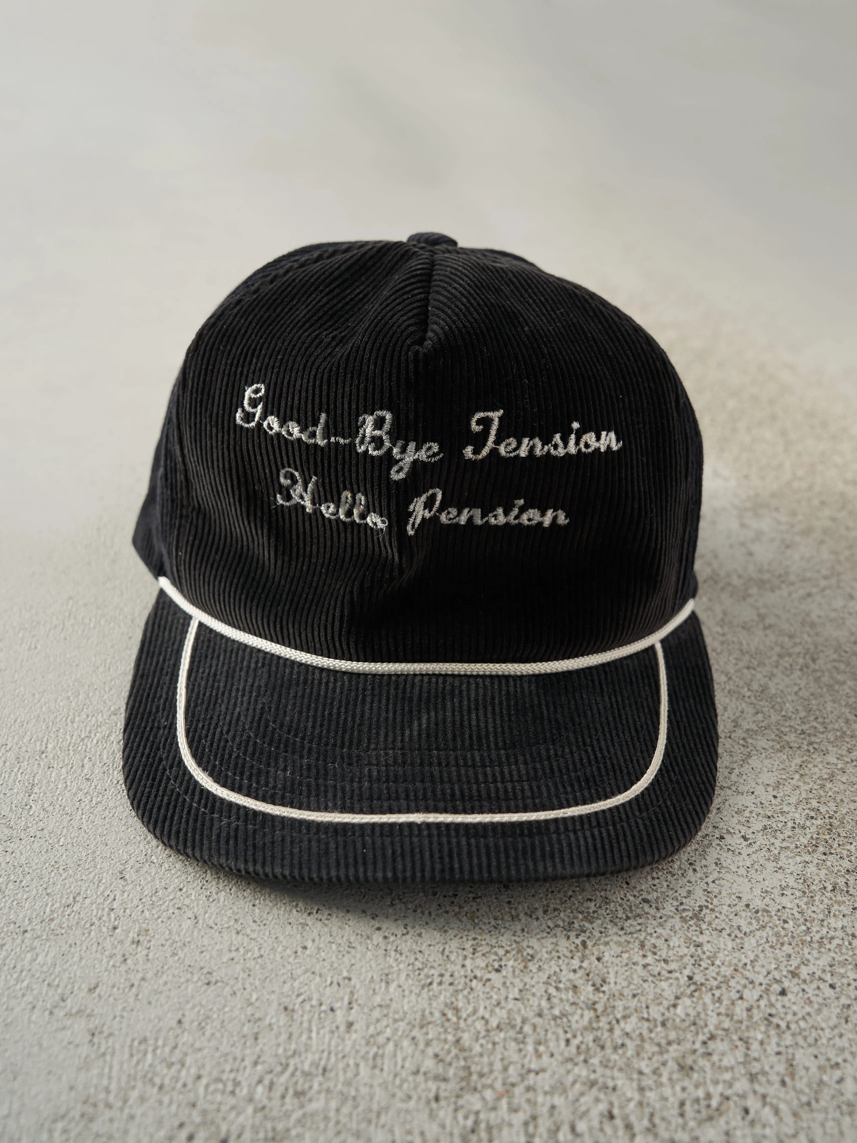 Vintage 80s Black "Hello Pension" Embroidered Corduroy Snapback Hat sold by Rebalance Vintage