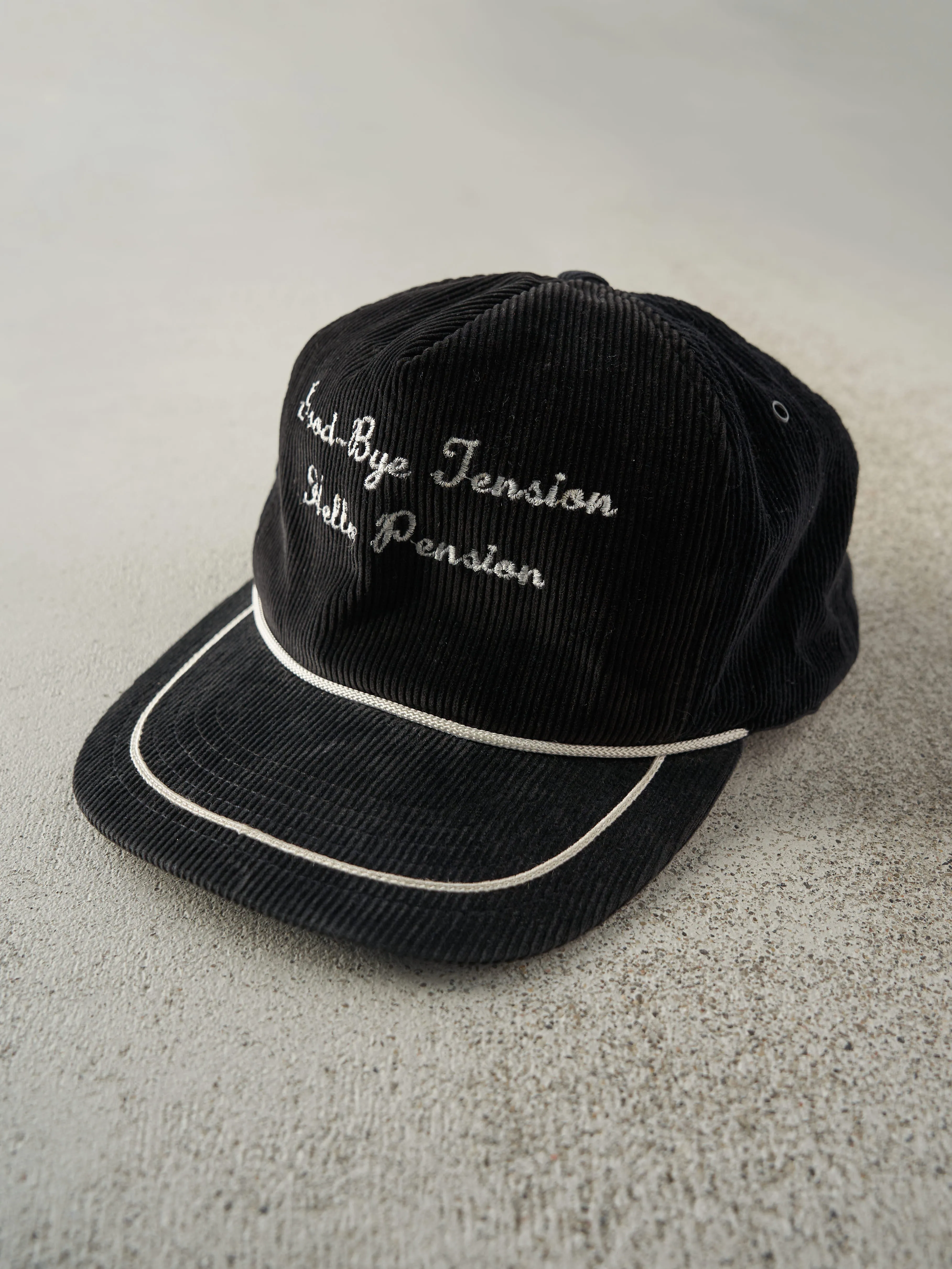 Vintage 80s Black "Hello Pension" Embroidered Corduroy Snapback Hat sold by Rebalance Vintage product image thumbnail 2