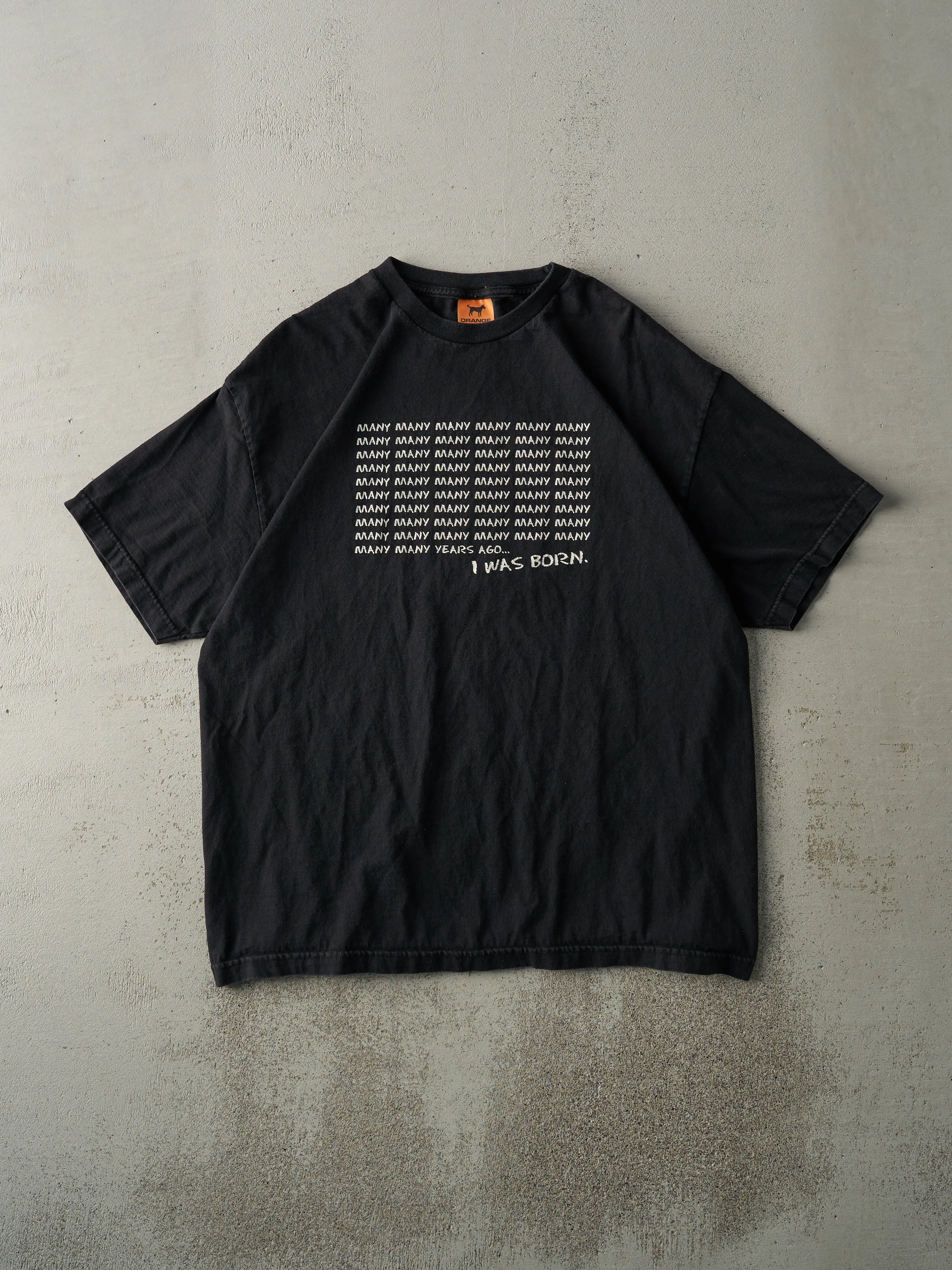 Vintage Y2K Black "Many Many Years Ago.." Slogan Tee (M) sold by Rebalance Vintage