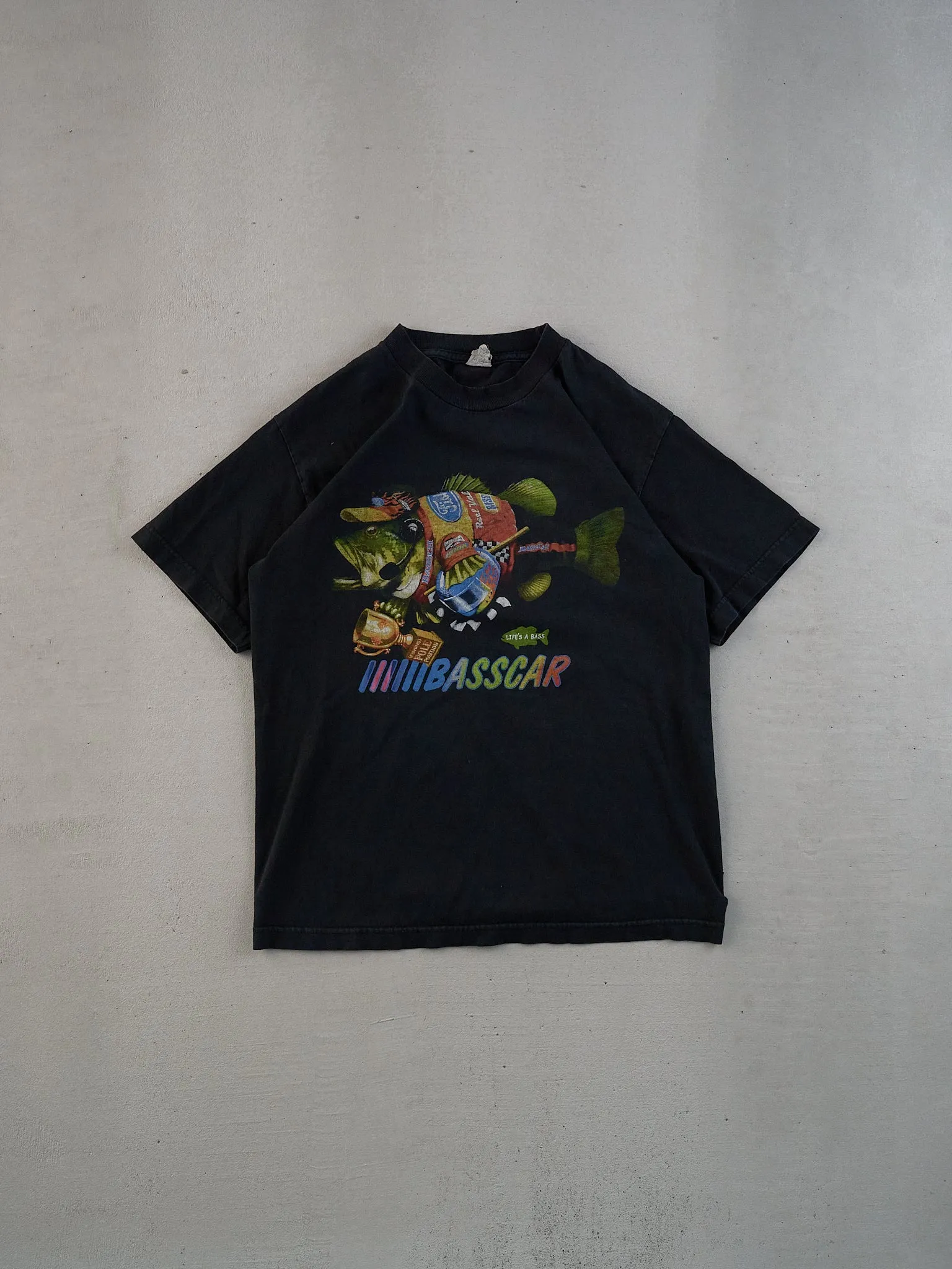 Vintage Y2k Black Basscar Fish Graphic Tee (S) sold by Rebalance Vintage
