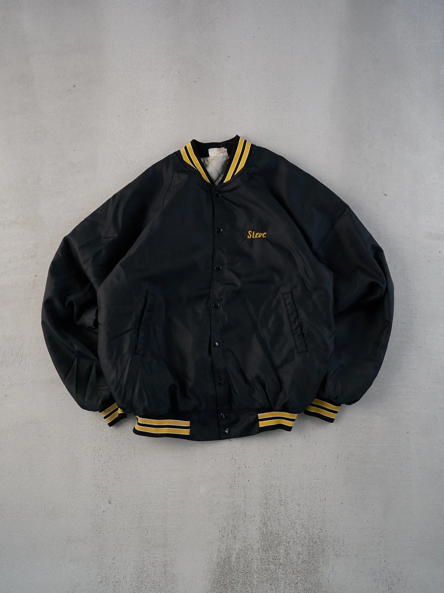 Vintage 90s Black Detroit Lakes Veterans Minnesota Satain Bomber Jacket (L) sold by Rebalance Vintage