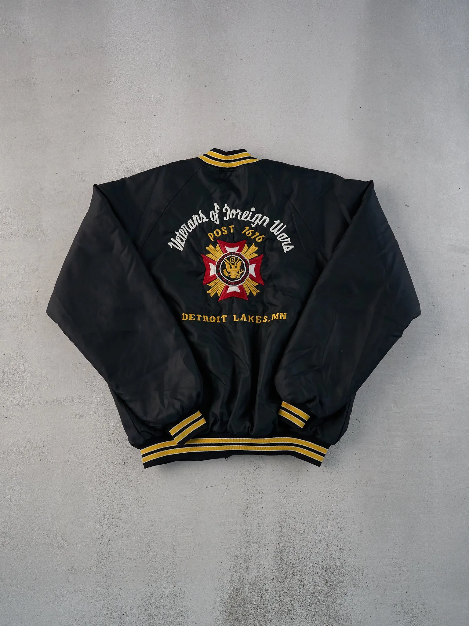 Vintage 90s Black Detroit Lakes Veterans Minnesota Satain Bomber Jacket (L) sold by Rebalance Vintage product image thumbnail 2