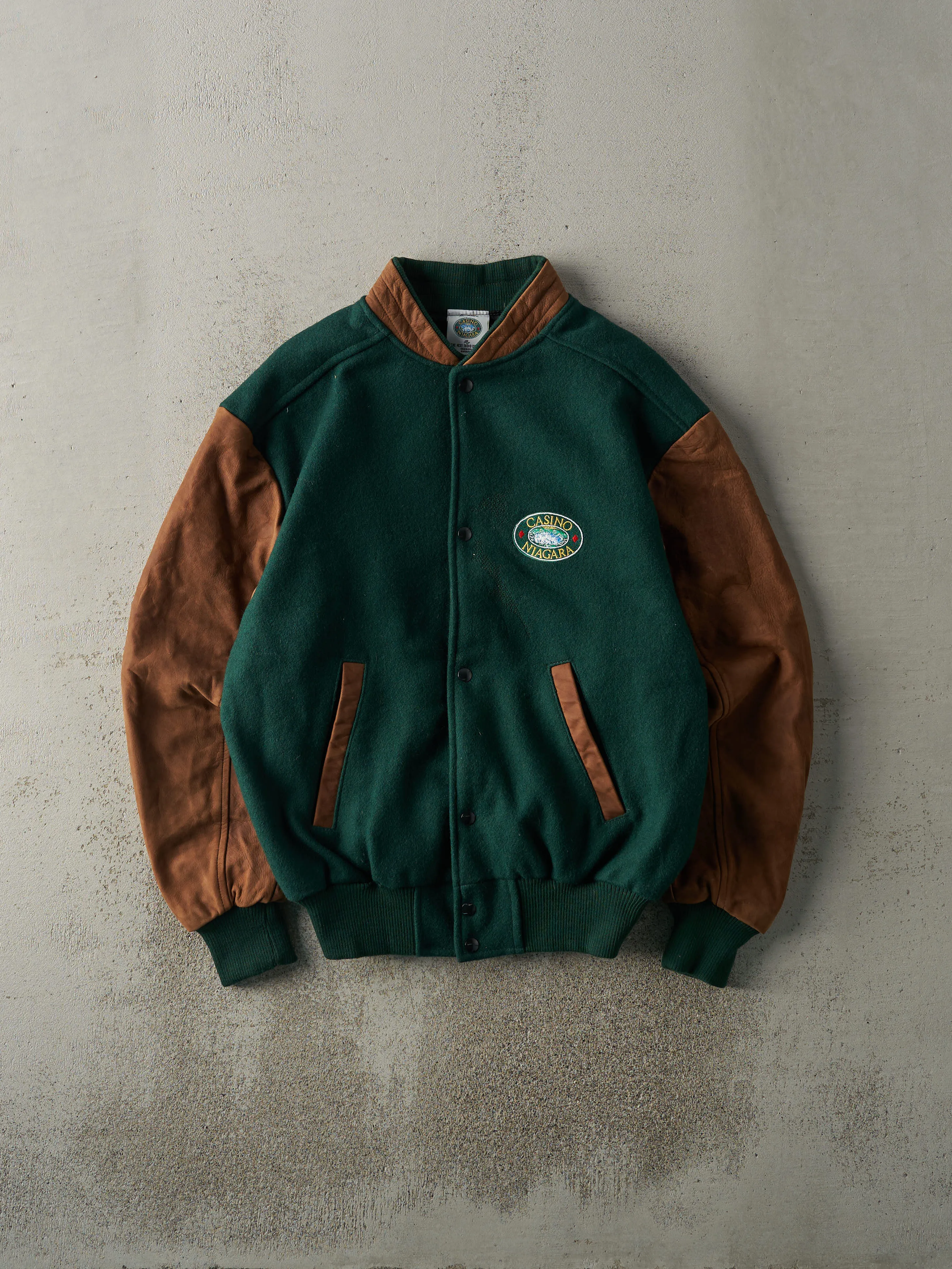 Vintage 90s Green & Brown Casino Niagara Varsity Bomber Jacket (M) sold by Rebalance Vintage