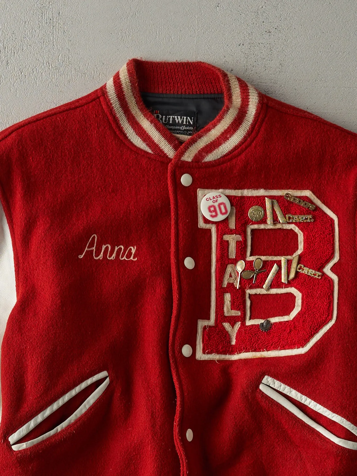 Vintage 90s Red and White Letterman Jacket (S/M) sold by Rebalance Vintage product image thumbnail 3