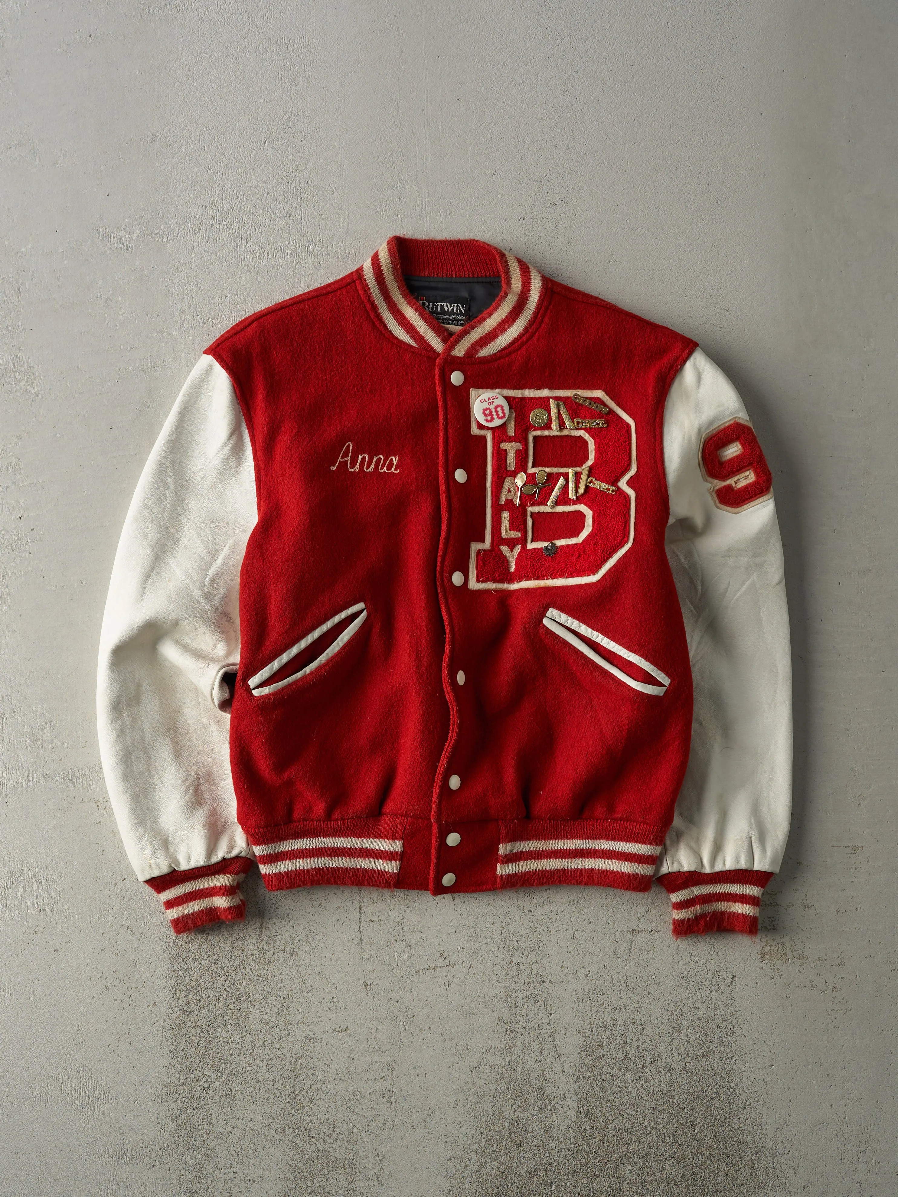 Vintage 90s Red and White Letterman Jacket (S/M) sold by Rebalance Vintage