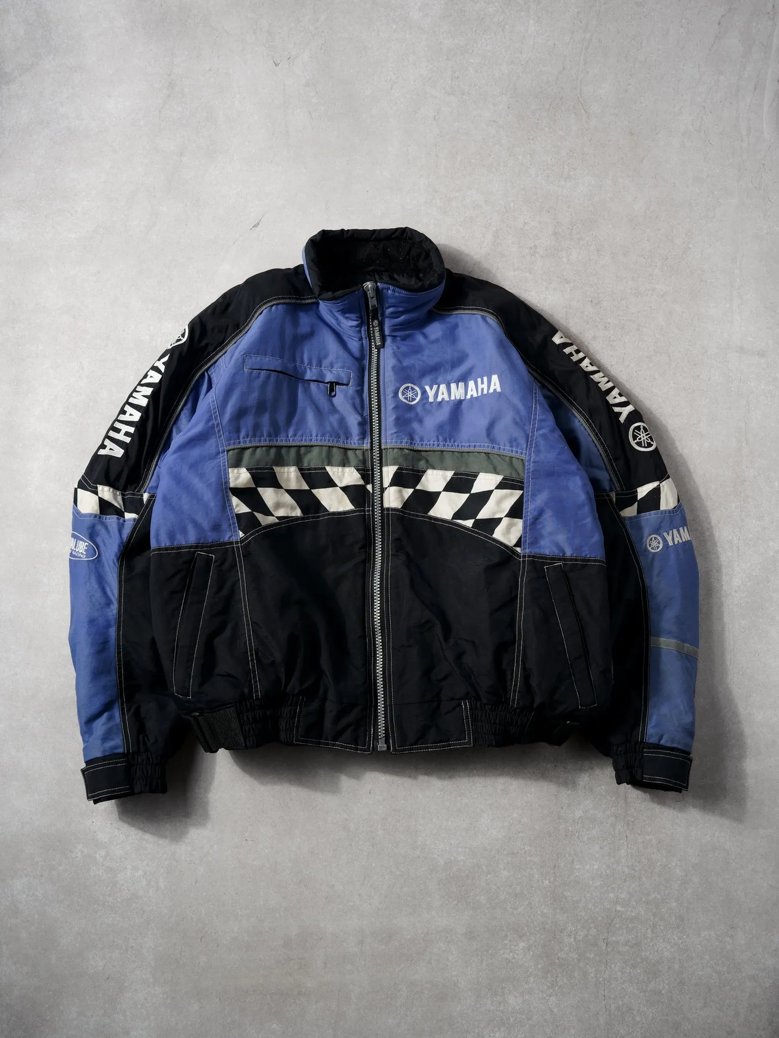 Vintage 80s Blue Yamaha Checkered Racing Jacket (L) sold by Rebalance Vintage