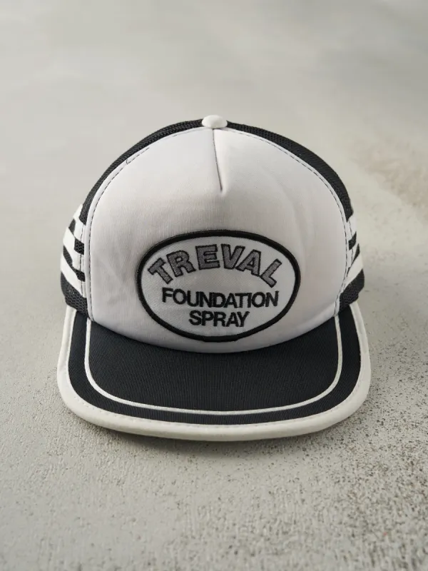 Vintage 80s Black & White Treval Foundation Spray Foam Trucker Hat sold by Rebalance Vintage