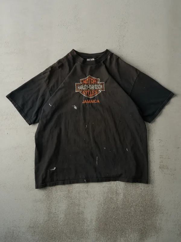 Vintage 90s Black Jamaica Harley Davidson Embroidered Bootleg Tee (L) sold by Rebalance Vintage