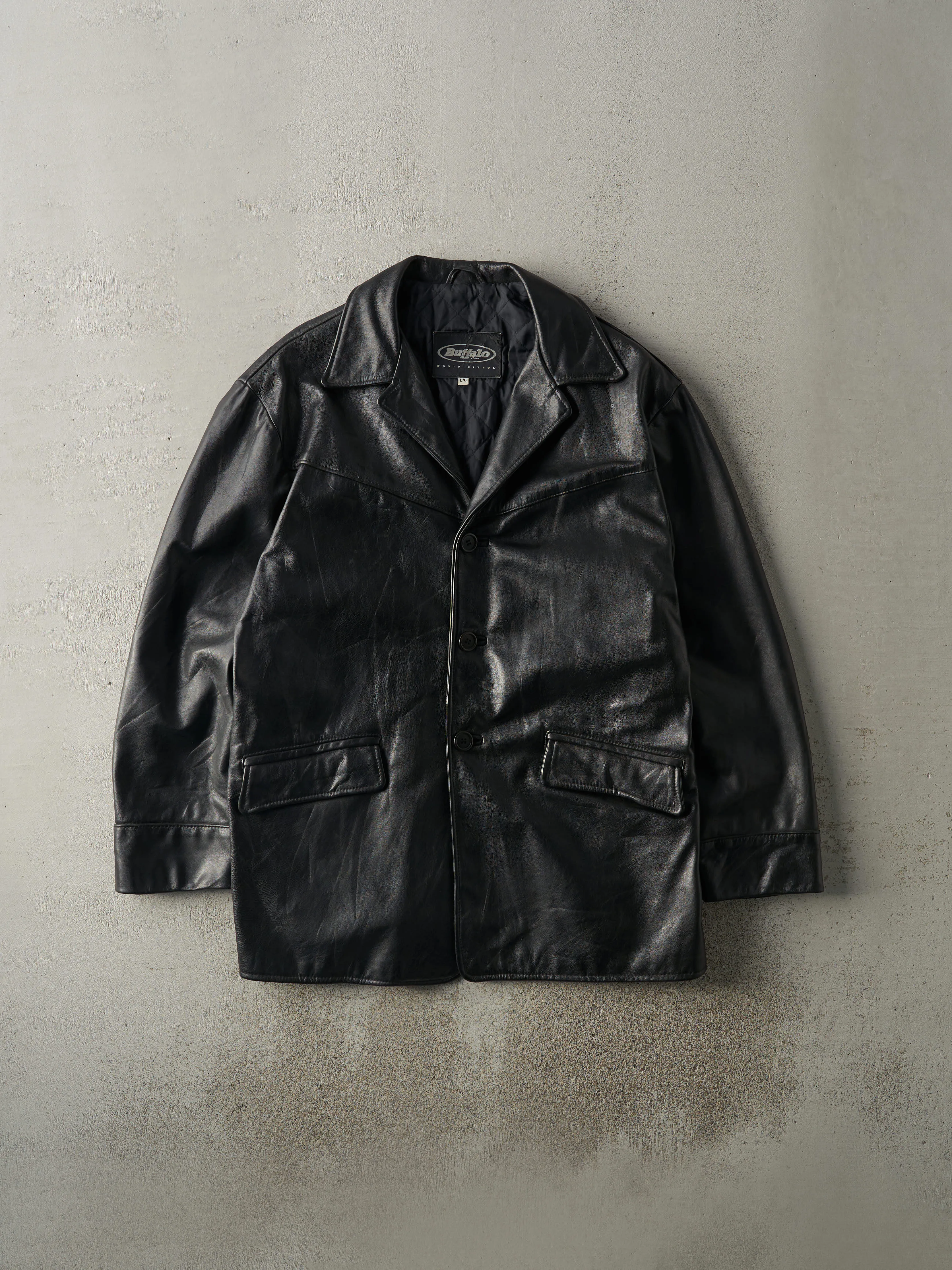 Vintage 90s Black Buffalo Jeans Leather Trench Coat (XL) sold by Rebalance Vintage