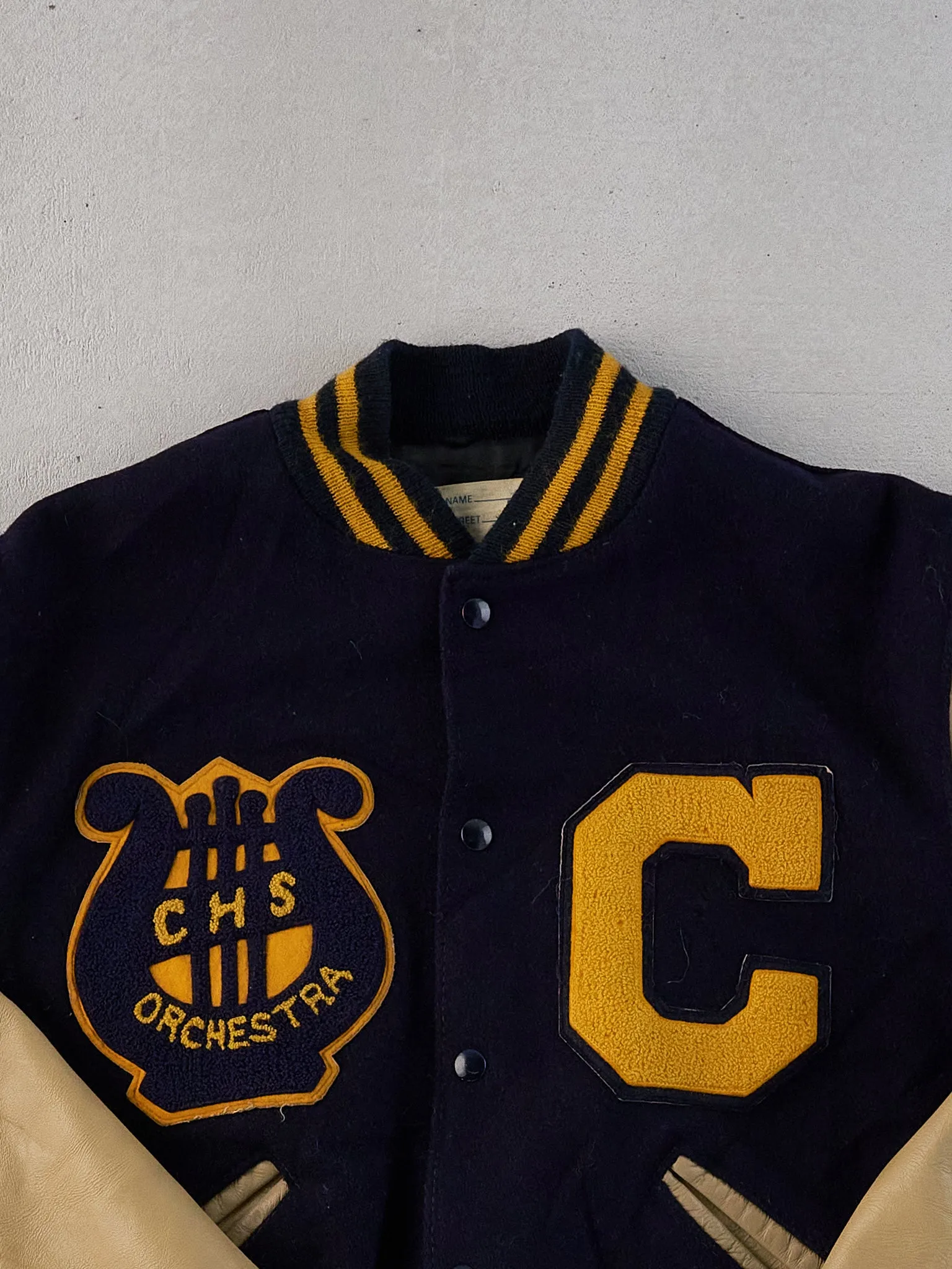 Vintage 82' Navy Blue CHS Orchestra School Leather Varsity Jacket (L) sold by Rebalance Vintage product image thumbnail 3